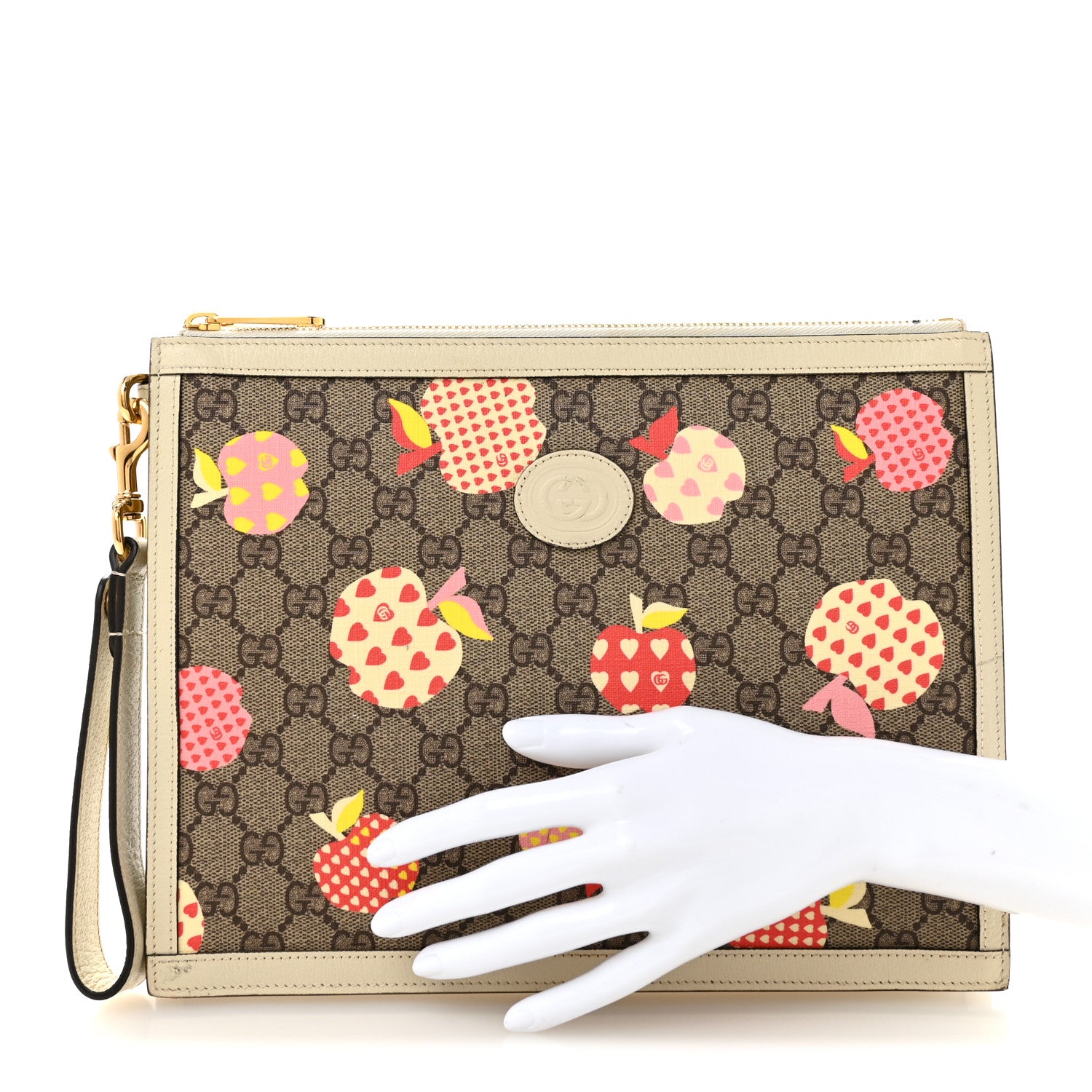 Gucci GG Supreme Monogram Les Pommes Interlocking G Wristlet Pouch  Beige Multicolor Mystic White 2 of 13