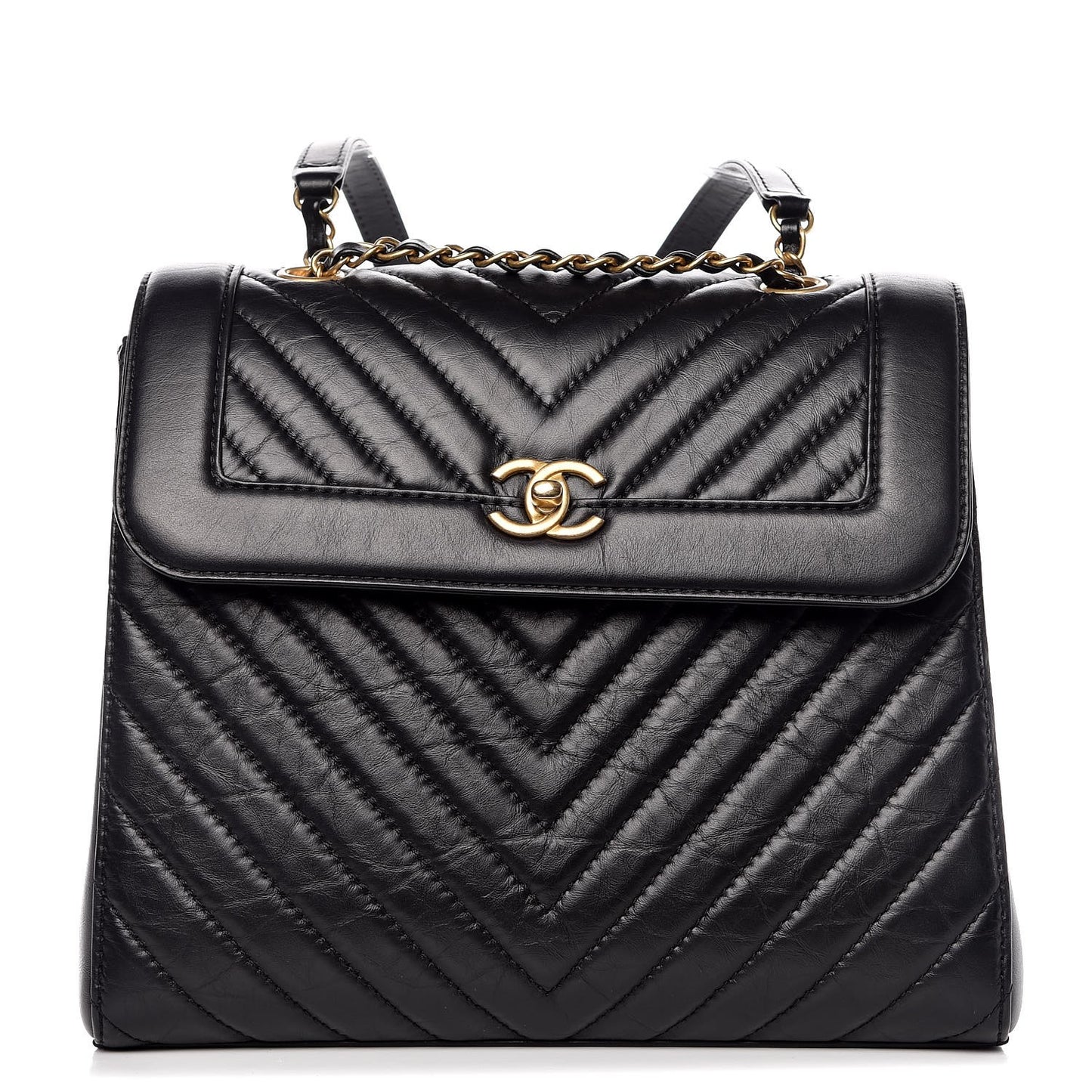 Aged Calfskin Chevron Quilted Backpack Black