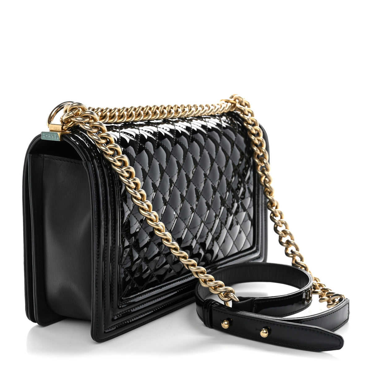 Patent Calfskin Quilted New Medium Boy Flap Black