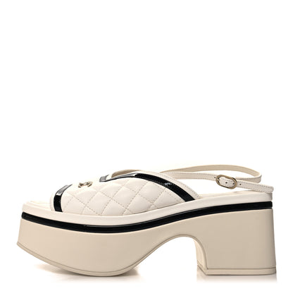 Chanel Lambskin Patent Quilted CC Platform Sandals 39 White Black 1 of 8