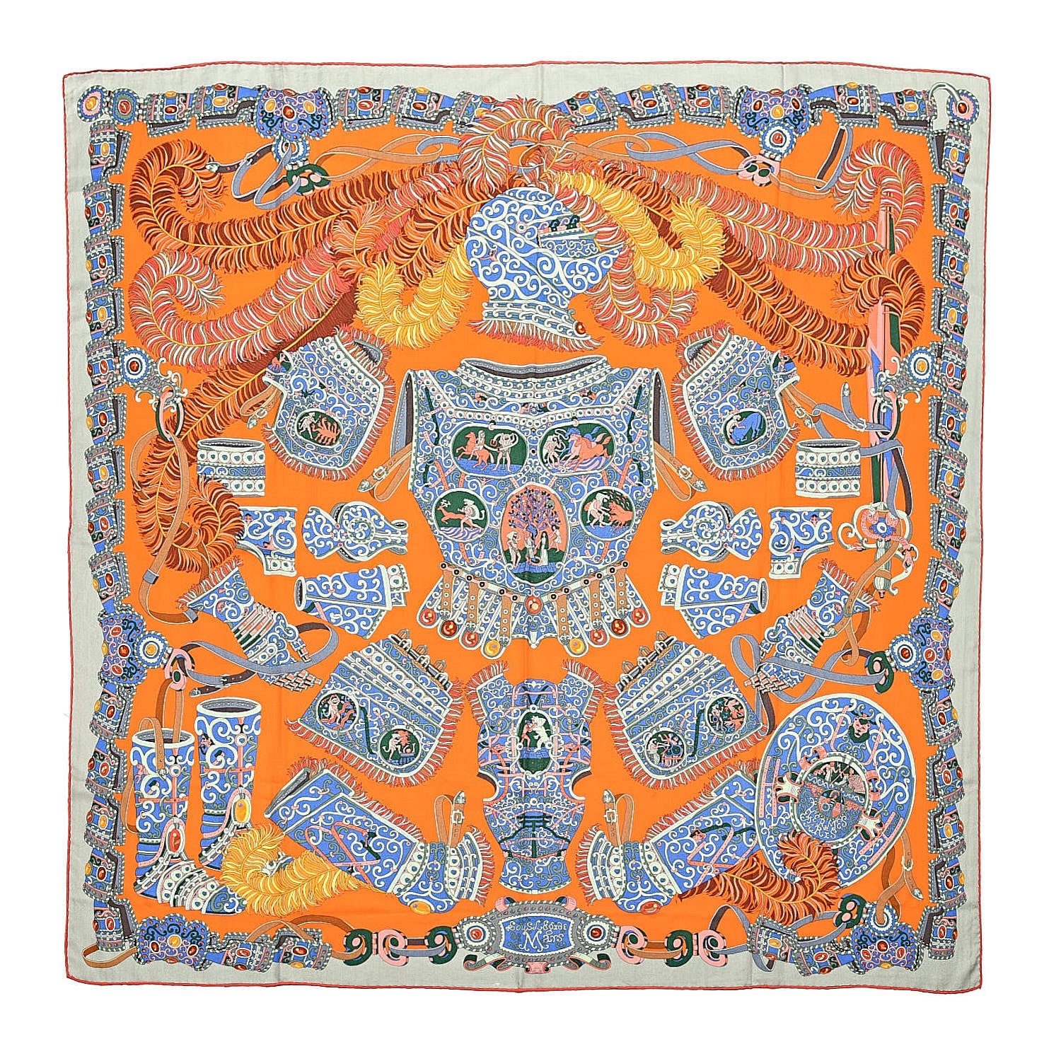 Hermes Cashmere Silk Sous L'Egide De Mars Shawl 140 Orange Bronze Bleu 1 of 6