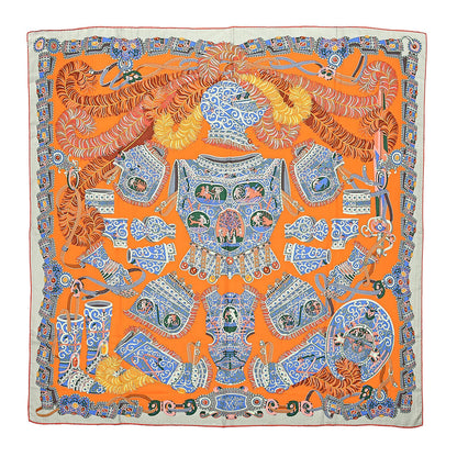 Hermes Cashmere Silk Sous L'Egide De Mars Shawl 140 Orange Bronze Bleu 1 of 6
