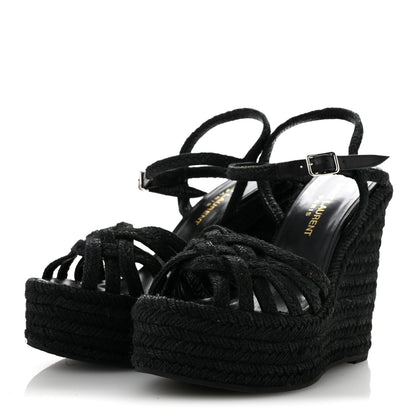 Saint Laurent Raffia Calfskin Platform Espadrille Wedge Sandals 35 Black 4 of 9