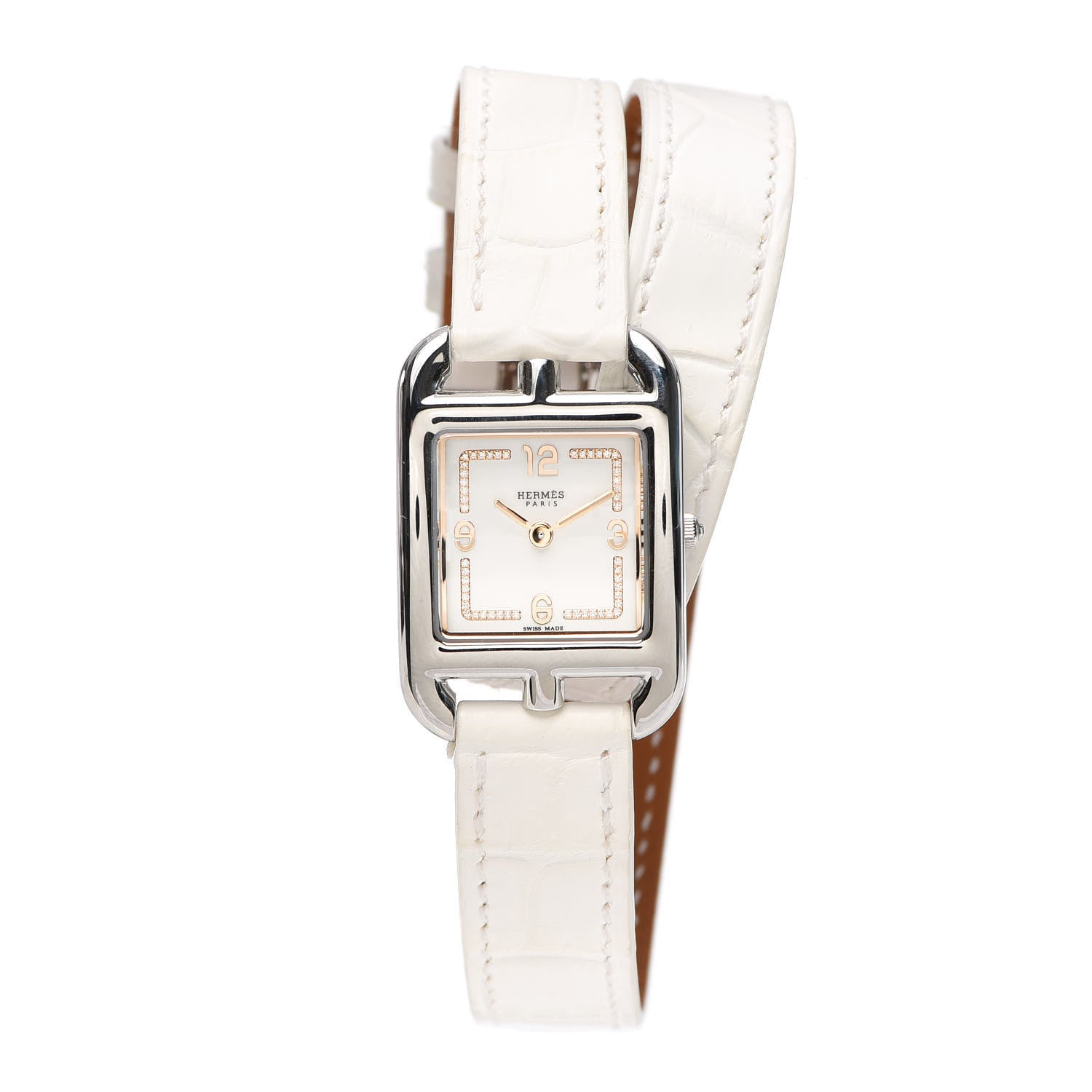 Hermes Stainless Steel Alligator Diamond 23mm Cape Cod Double Tour Quartz Watch Blanc 1 of 5