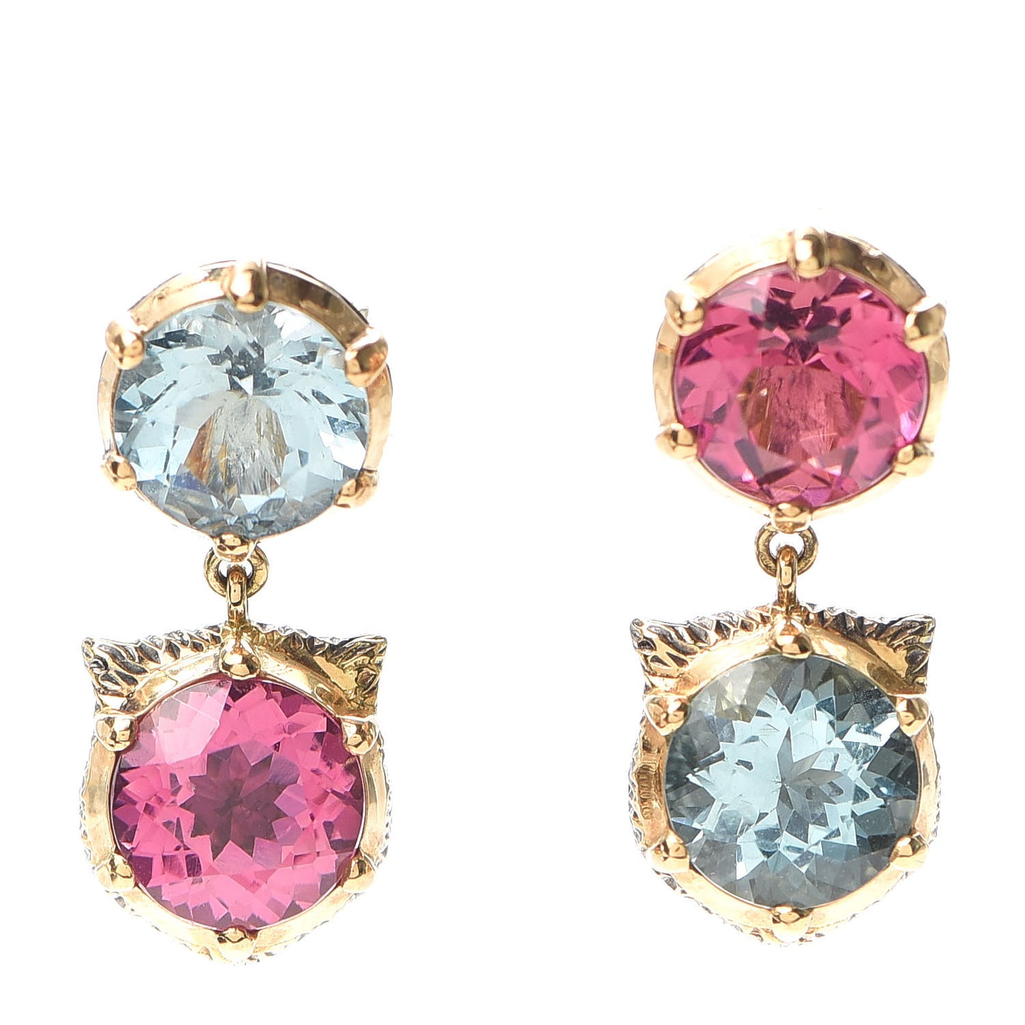 18K Yellow Gold Diamond Aquamarine Pink Tourmaline Le Marché des Merveilles Feline Drop Earrings