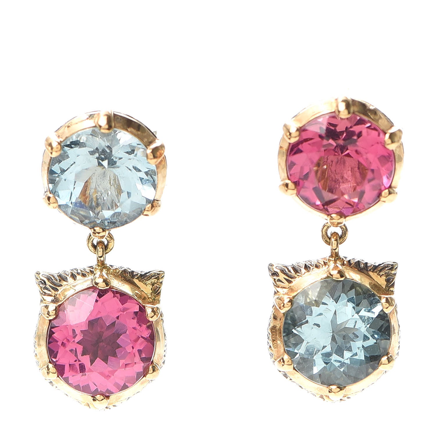 Gucci 18K Yellow Gold Diamond Aquamarine Pink Tourmaline Le Marché des Merveilles Feline Drop Earrings 1 of 6