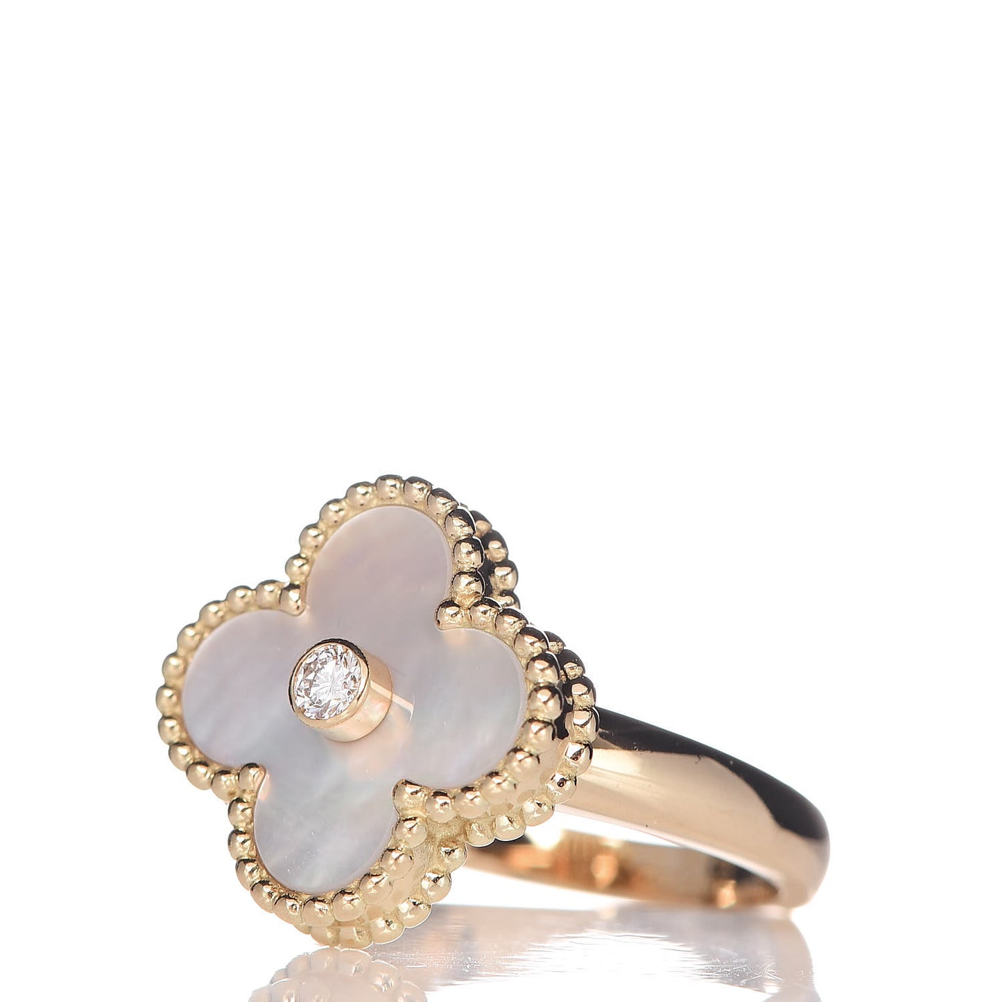 18K Yellow Gold Diamond Mother of Pearl Vintage Alhambra Ring 50 5.25