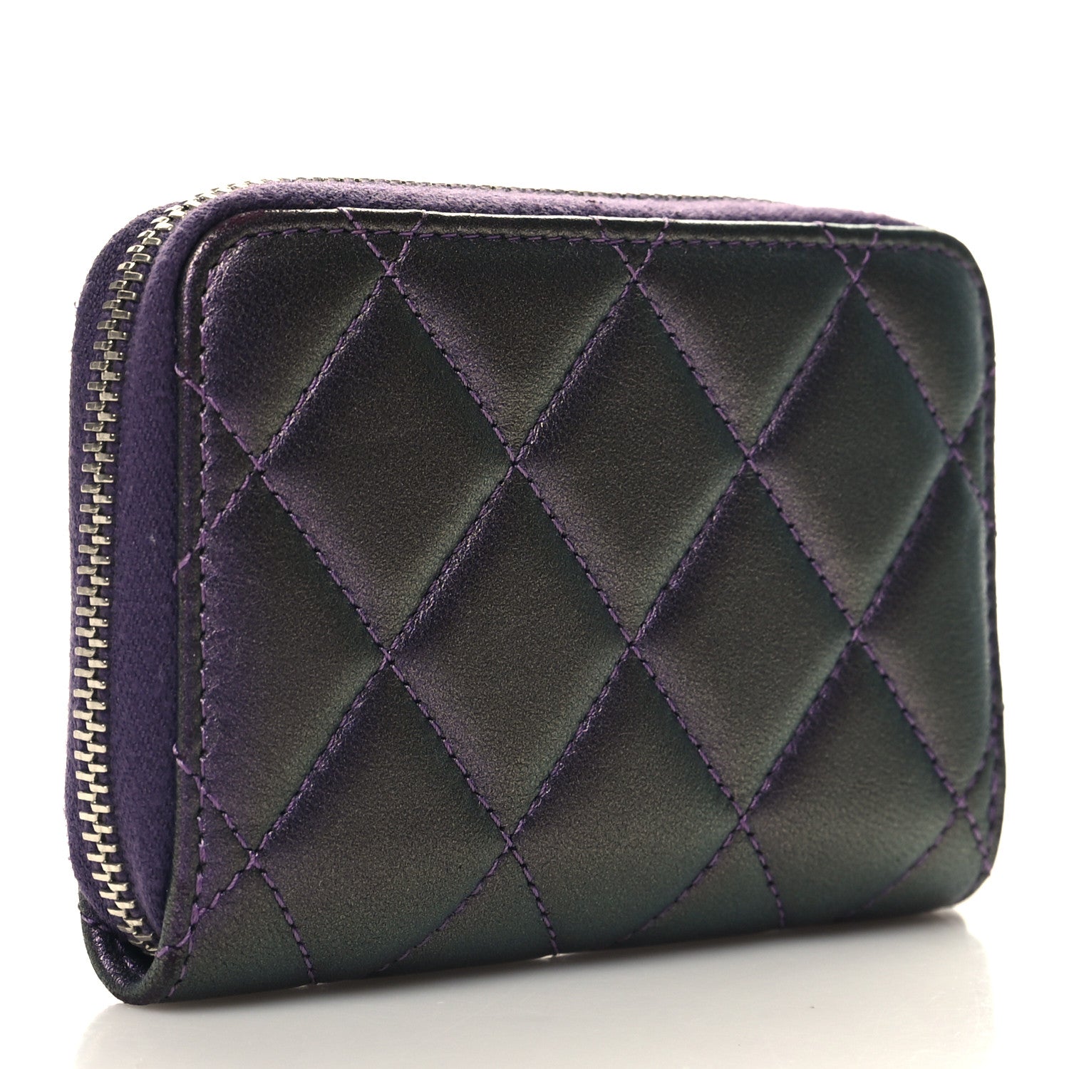 Chanel Metallic Lambskin Quilted Zip Around Coin Purse Wallet Purple 4 of 9