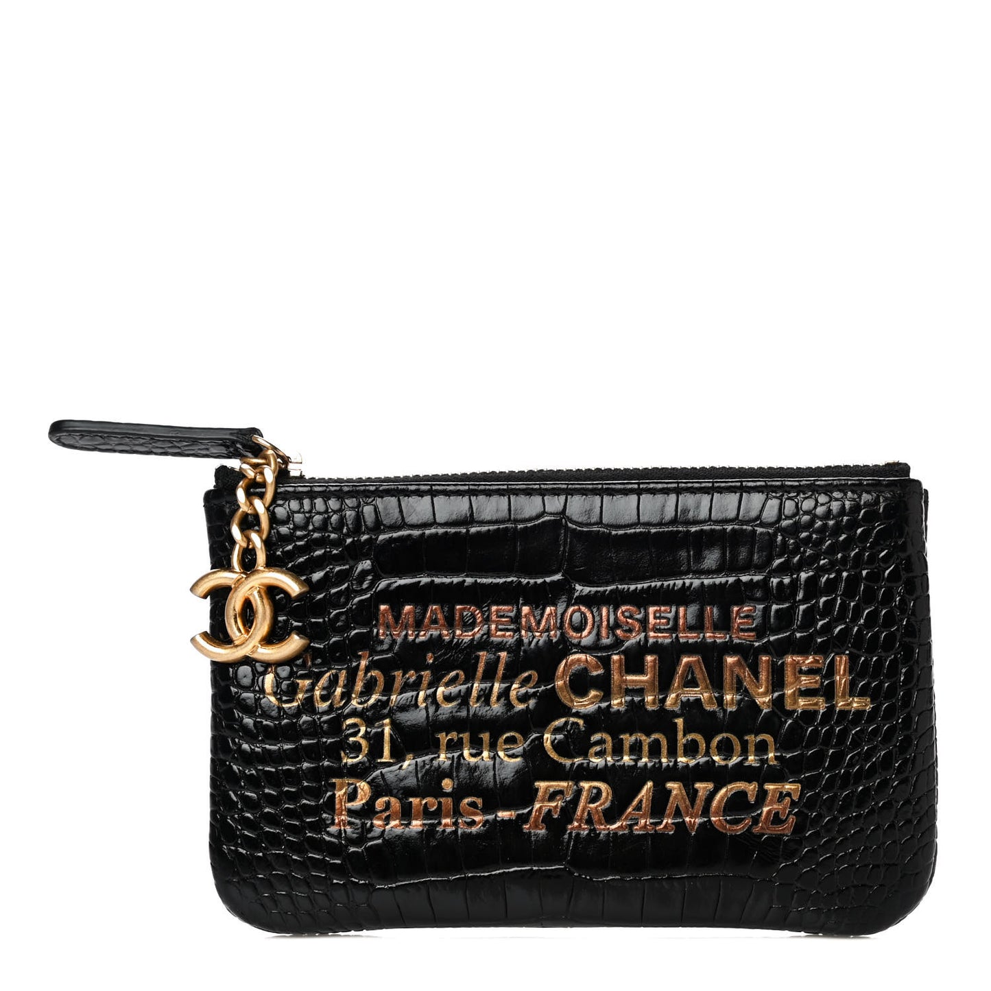 Calfskin Crocodile Embossed Cocodile Cosmetic Case Black Gold