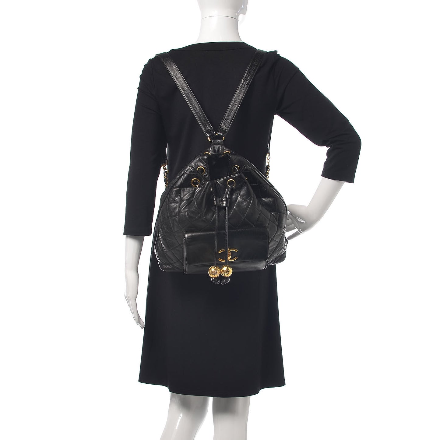 Lambskin Quilted Drawstring Backpack Black