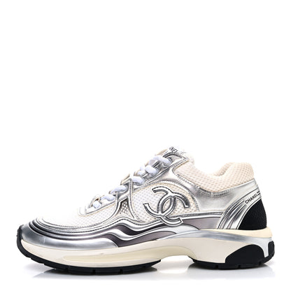 Chanel Fabric Laminated Calfskin Stretch CC Womens Sneakers 40 White Silver 1 of 13