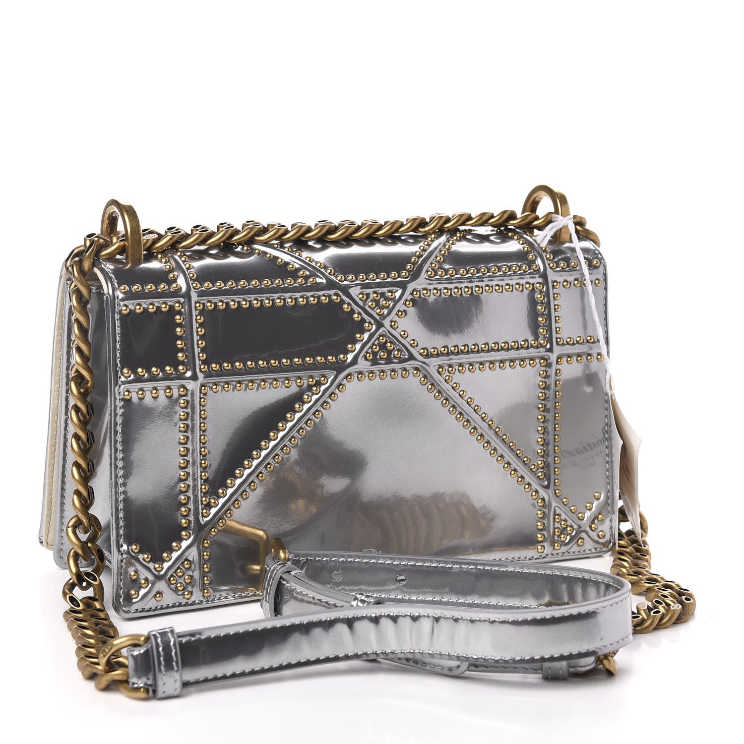 Christian Dior Metallic Patent Studded Small Diorama Flap Bag Silver 3 of 10