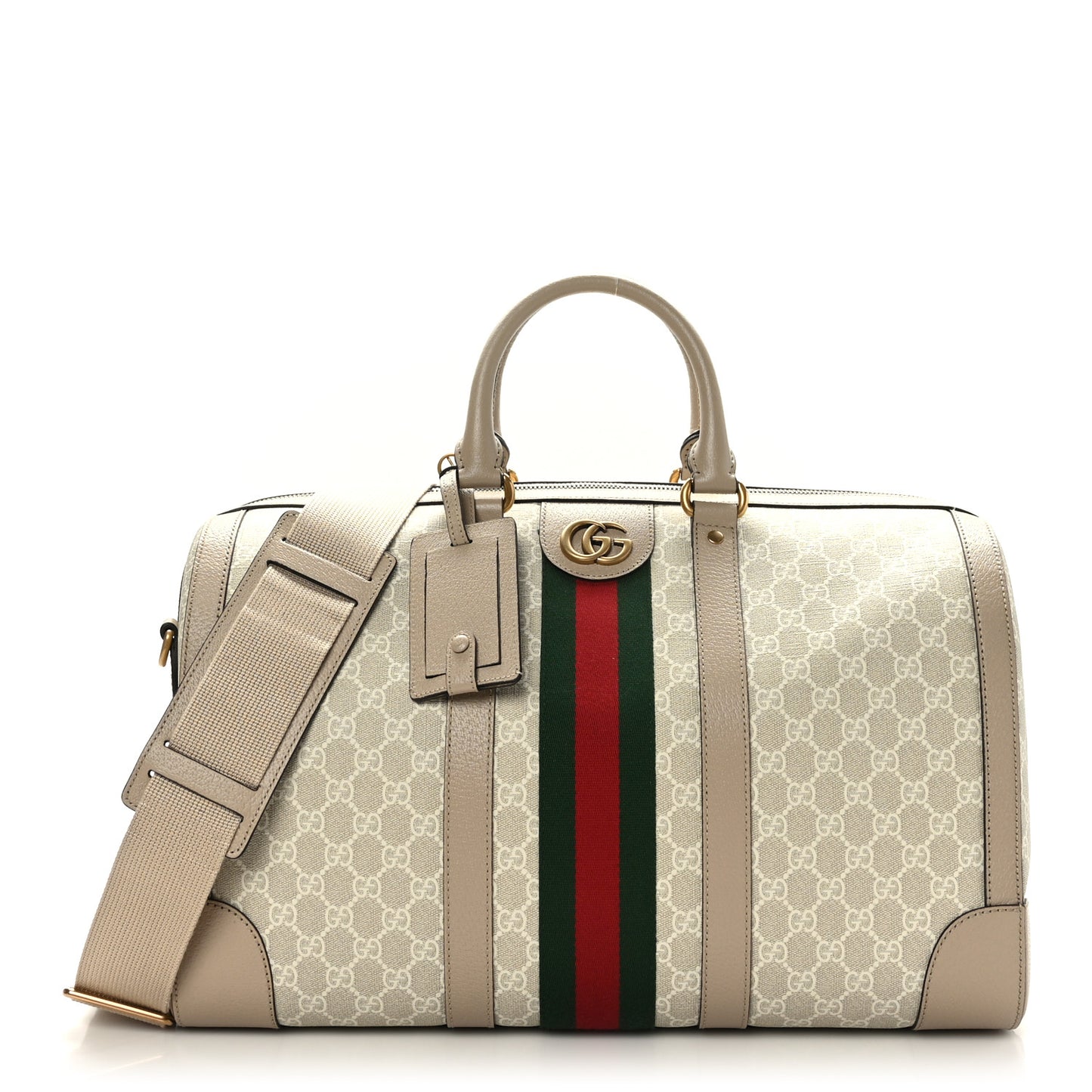 GG Supreme Monogram Textured Dollar Calfskin Web Small Savoy Duffle Bag Beige Mystic White Oatmeal