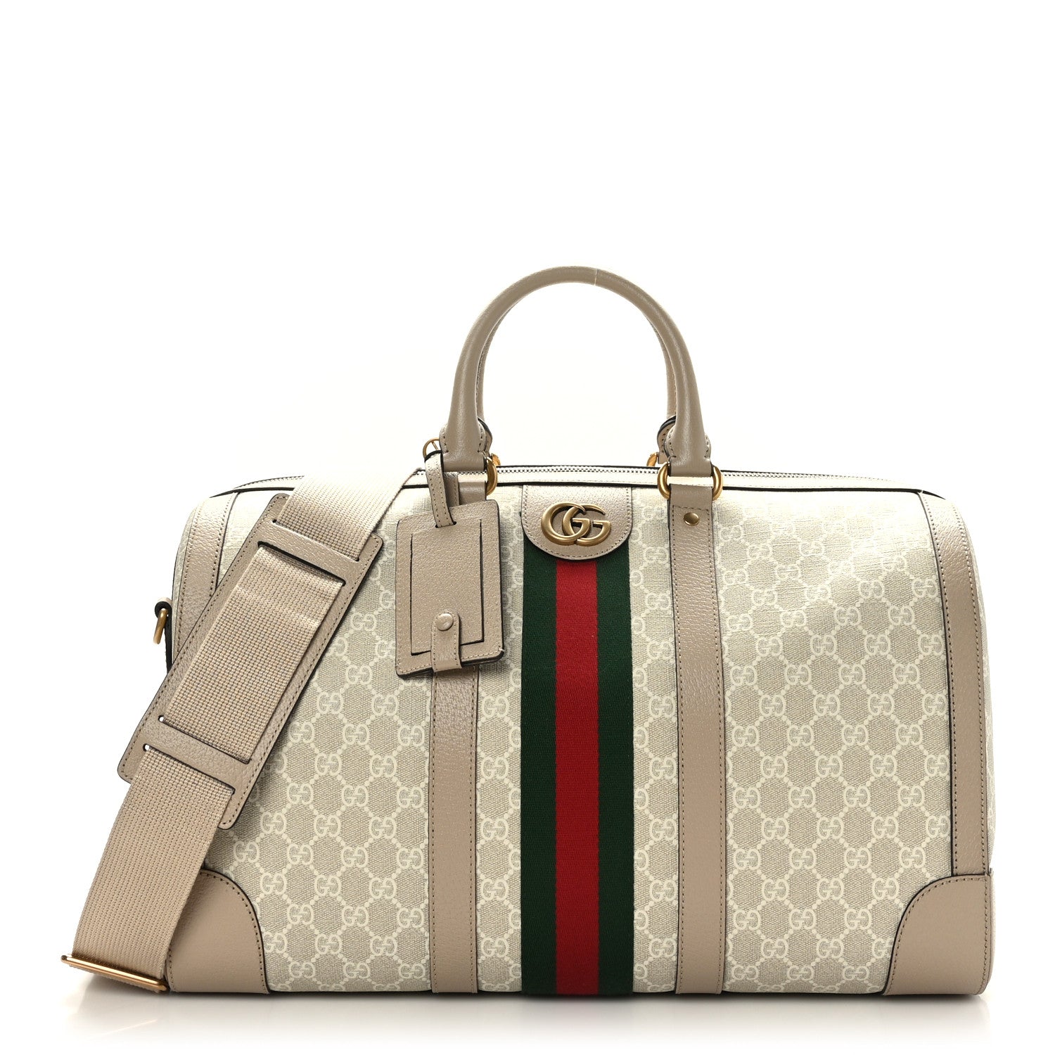 Gucci GG Supreme Monogram Textured Dollar Calfskin Web Small Savoy Duffle Bag Beige Mystic White Oatmeal 1 of 10