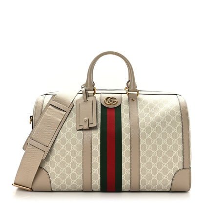 Gucci GG Supreme Monogram Textured Dollar Calfskin Web Small Savoy Duffle Bag Beige Mystic White Oatmeal 1 of 10