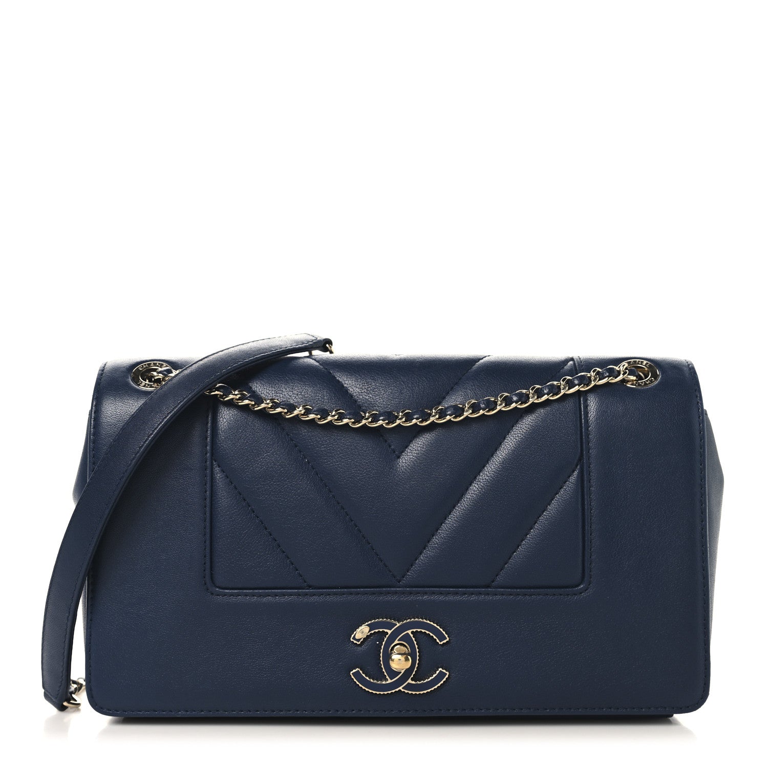 Chanel Sheepskin Chevron Quilted Medium Vintage Mademoiselle Flap Navy 1 of 11