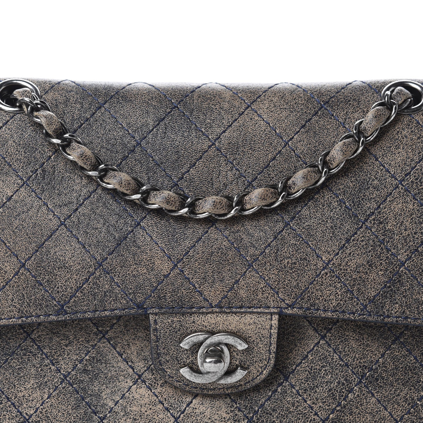 Calfskin Stitched Jumbo Double Flap Brown Blue
