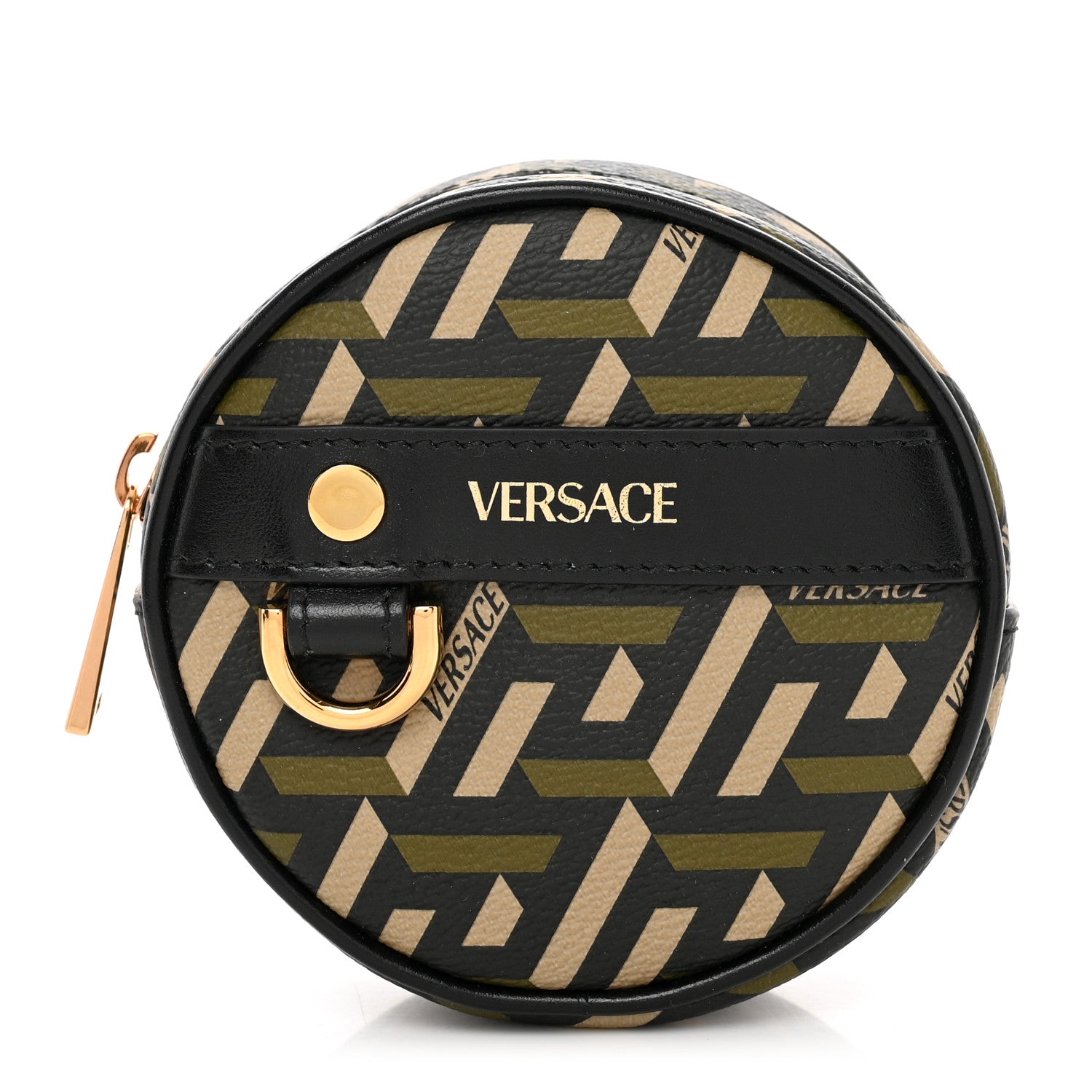 Versace Coated Canvas Calfskin La Greca Round Zip Pouch Black Khaki 1 of 7