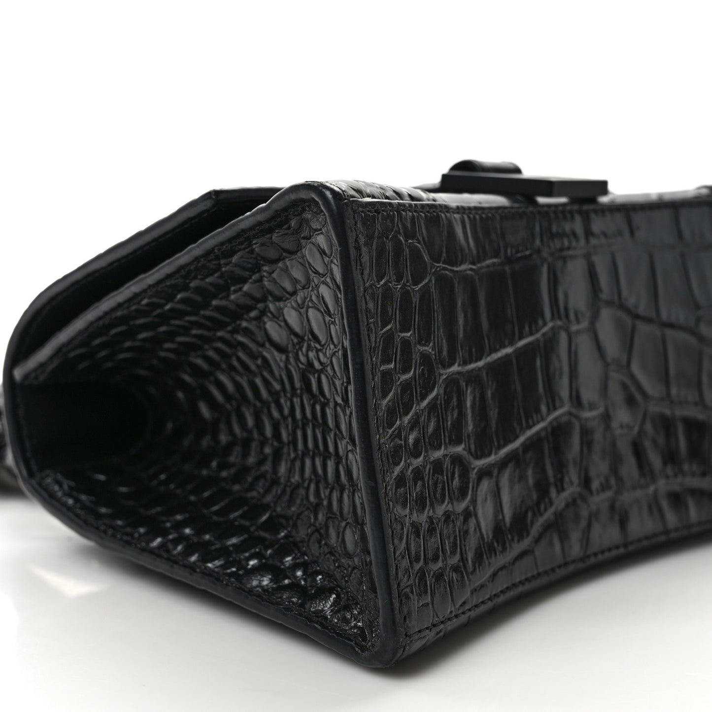 Shiny Calfskin Monochrome Crocodile Embossed Small Hourglass Top Handle Bag Black