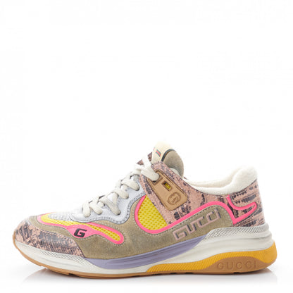 Gucci Suede Calfskin Tejus Printed Womens Ultrapace Sneakers 36 Pink Silver Oatmeal Yolk 1 of 7