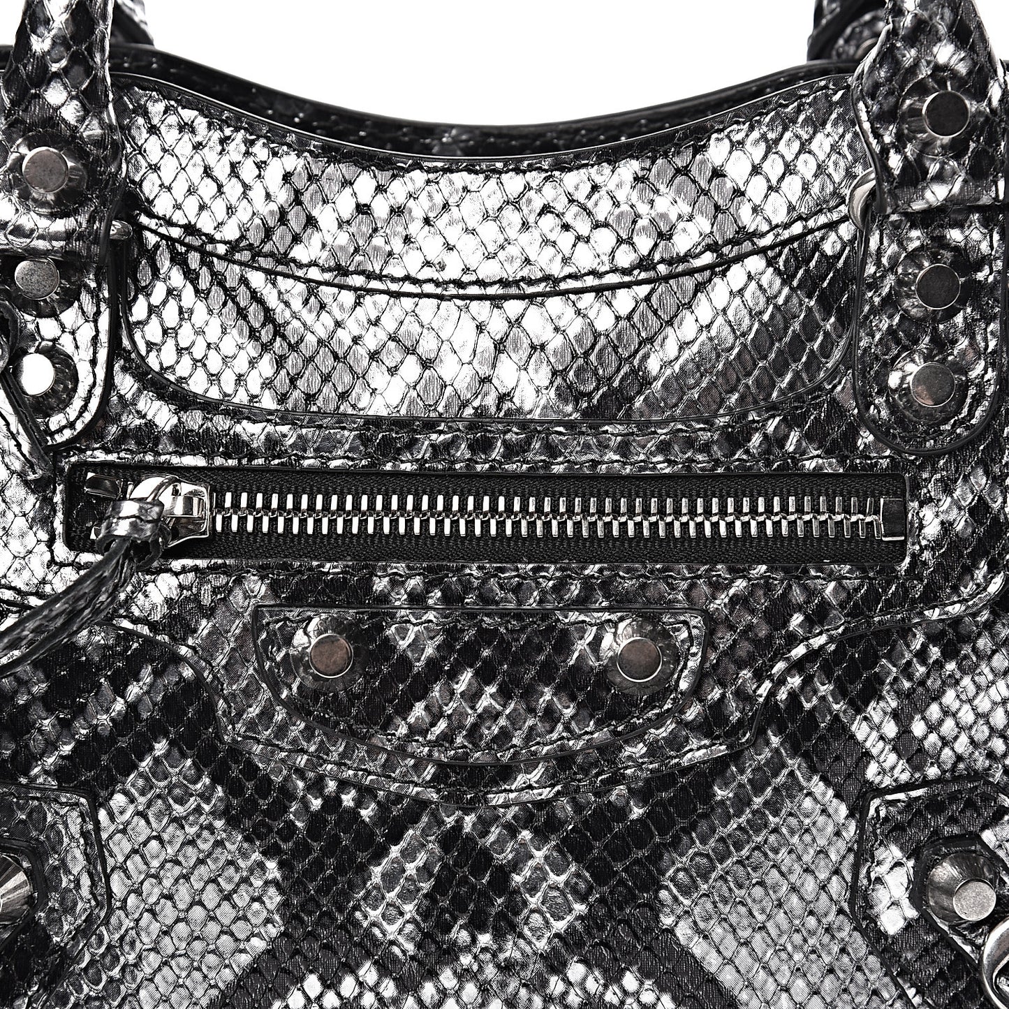 Metallic Calfskin Snakeskin Embossed Classic Silver Hardware Mini City Silver