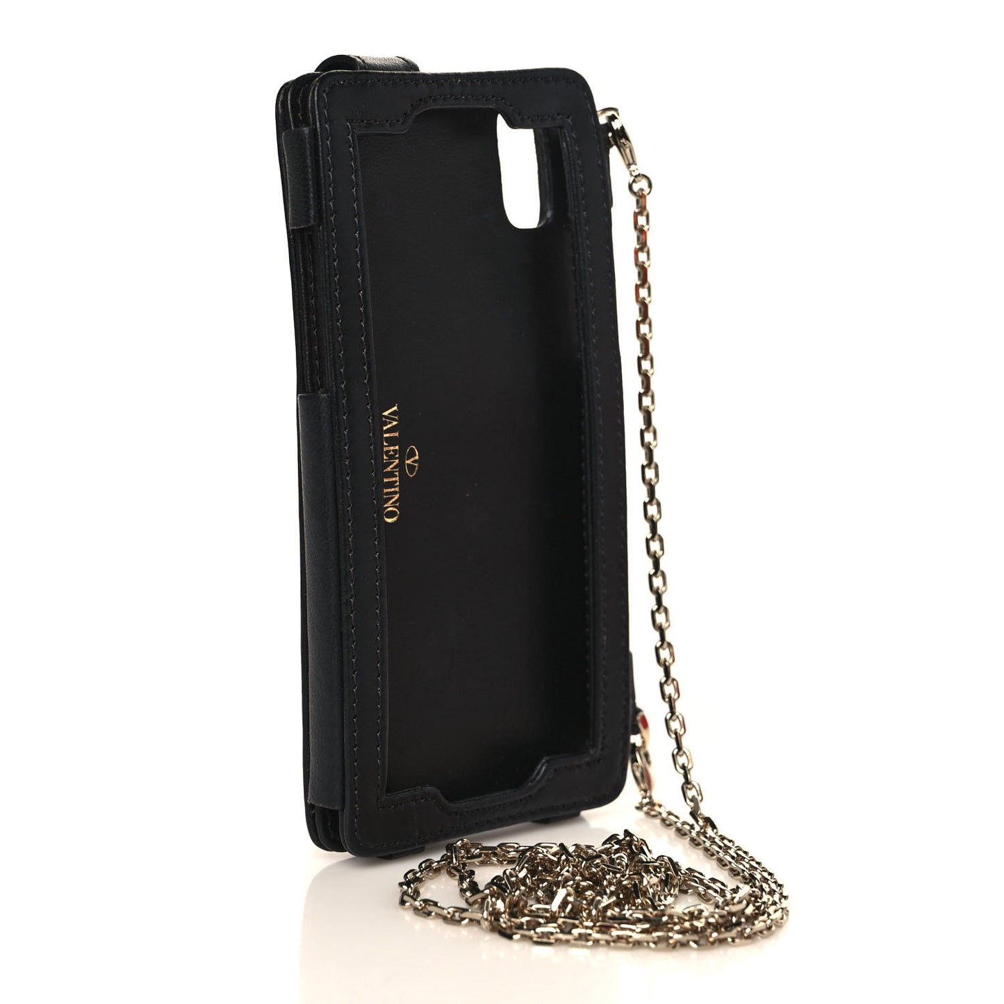 Calfskin Rockstud Spike iPhone X Phone Case With Chain Black