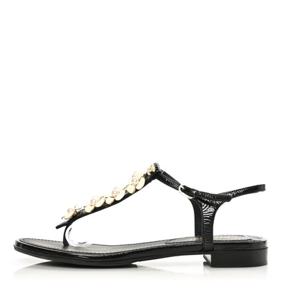 Chanel Crackled Patent Calfskin Pearl Camellia Thong Sandals 36 Black 1 of 9