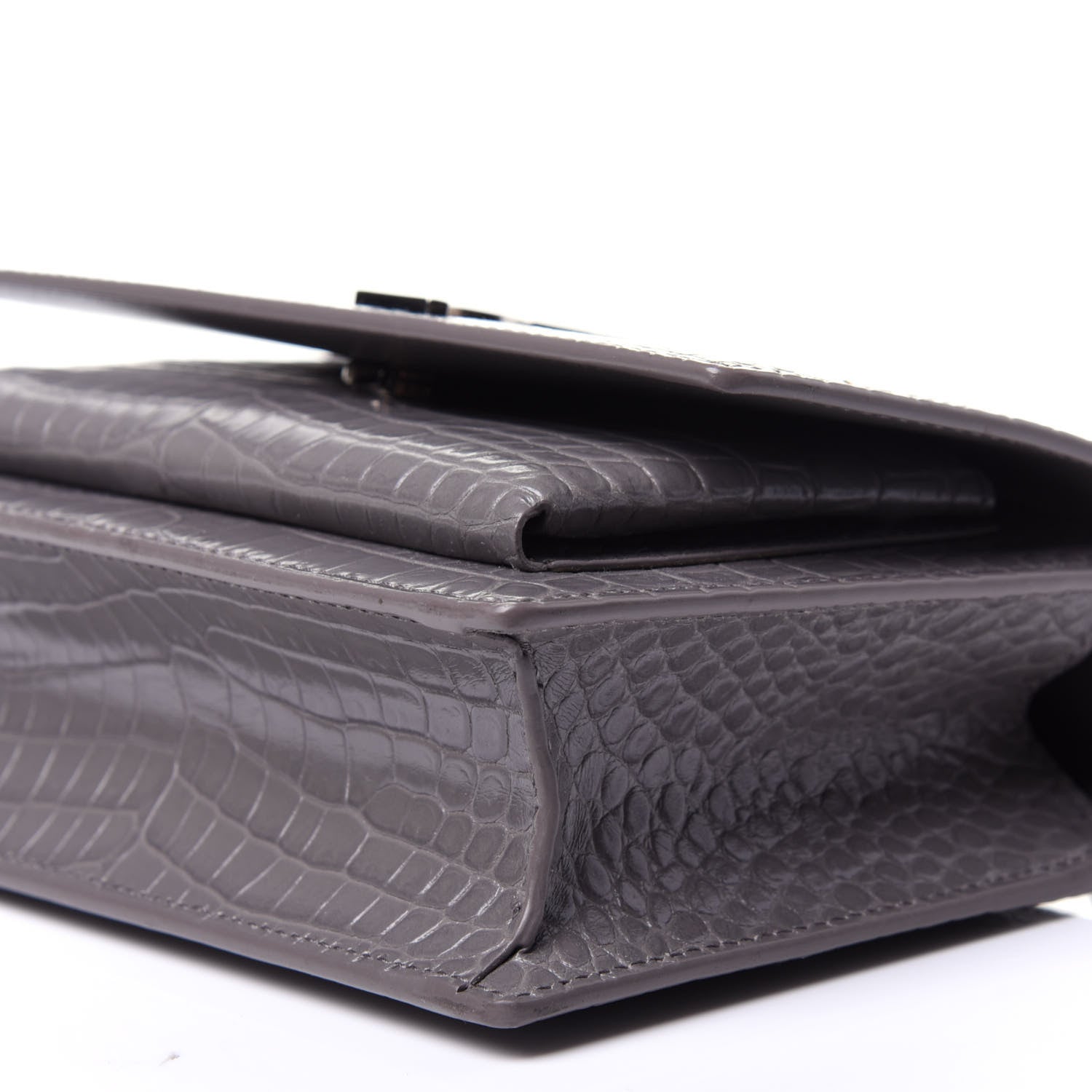 Saint Laurent Calfskin Crocodile Embossed Monogram Sunset Chain Wallet Fog 7 of 11
