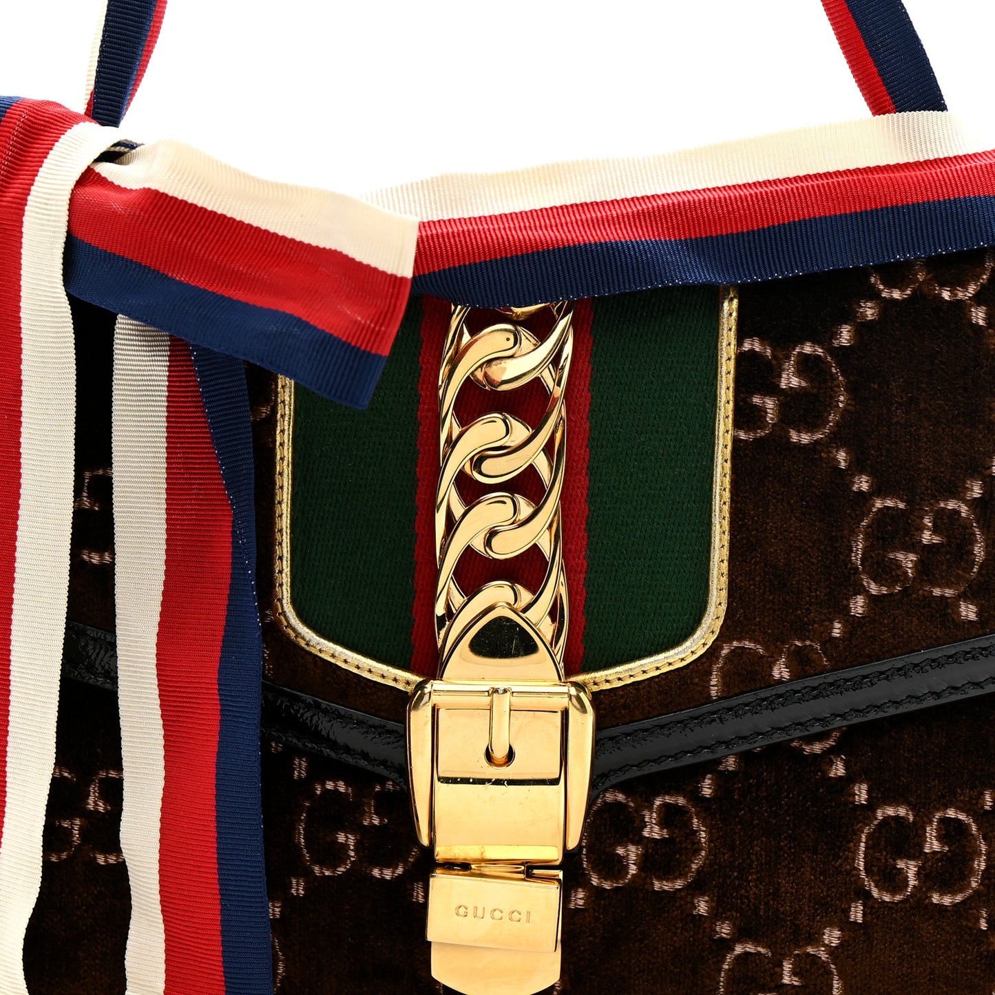 Velvet GG Monogram Web Small Sylvie Shoulder Bag Brown Black Oro Vecchio