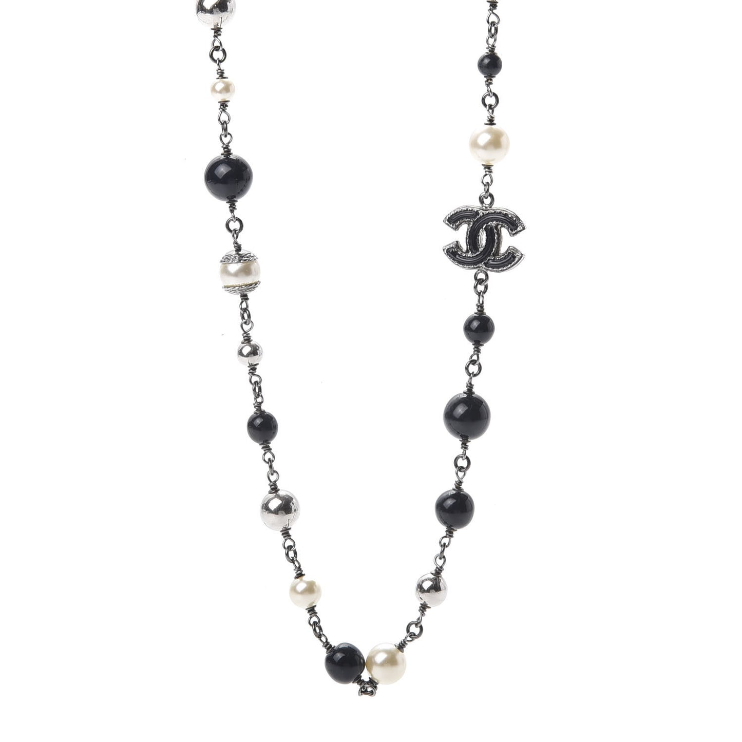 Pearl Beaded Enamel CC Long Necklace Silver