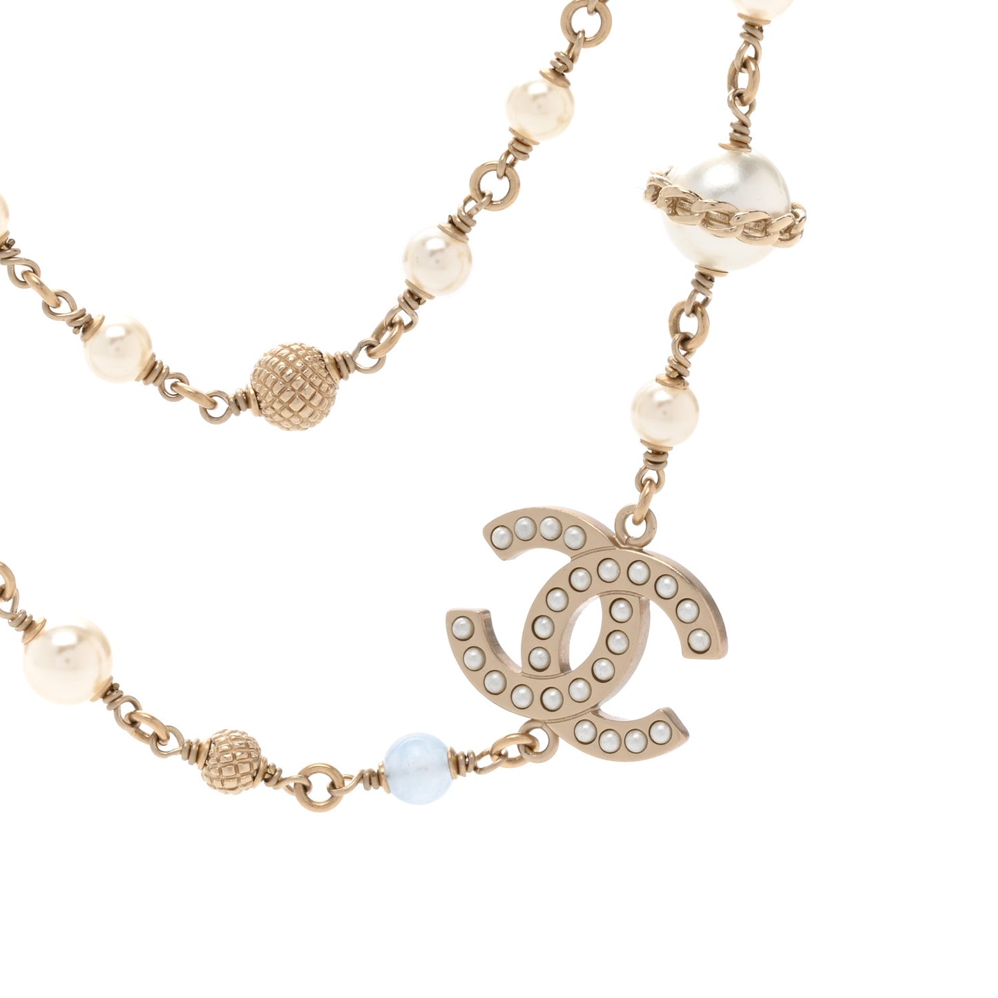 Pearl Beaded CC Long Necklace Gold Light Blue