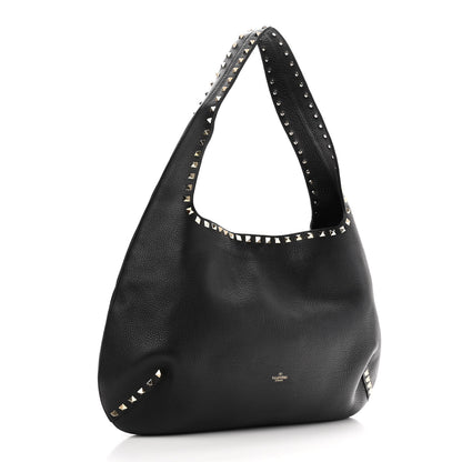 Valentino Garavani Grained Calfskin Large Rockstud Hobo Black 3 of 9