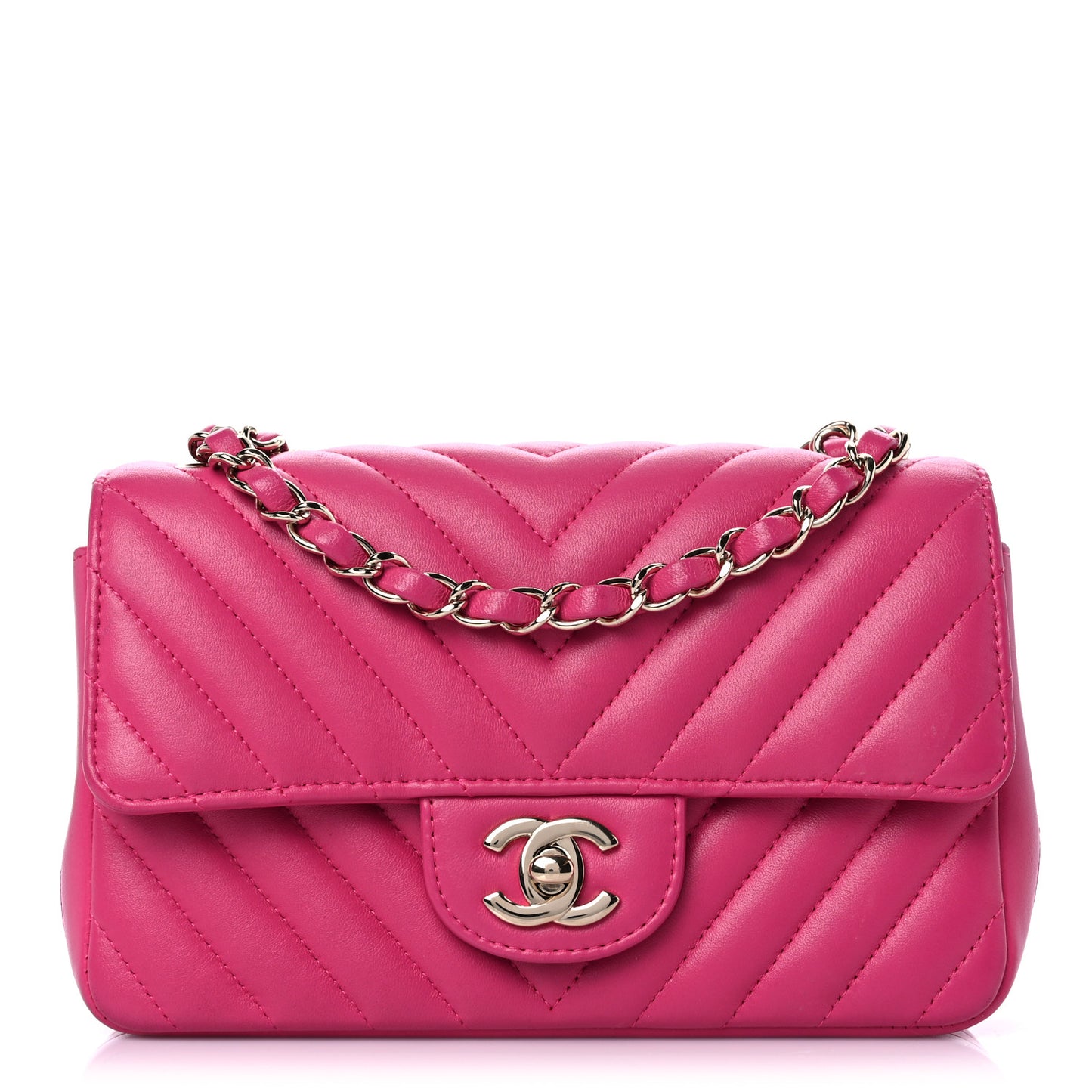 Lambskin Chevron Quilted Mini Rectangular Flap Dark Pink