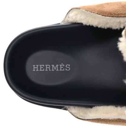 Hermes Suede Goatskin Shearling Go Mules 38 Brun Frume Ecru 7 of 9