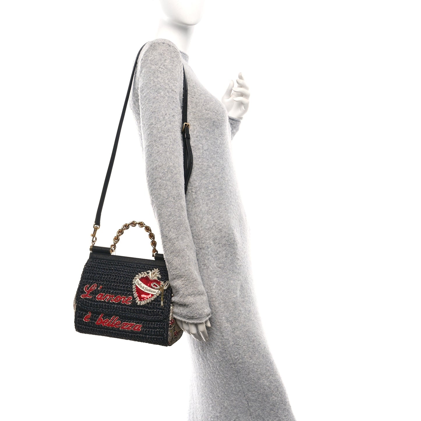 Woven Raffia Dauphine Sequin Embroidered Medium L'Amore Belleza Chain Miss Sicily Satchel Black Multicolor