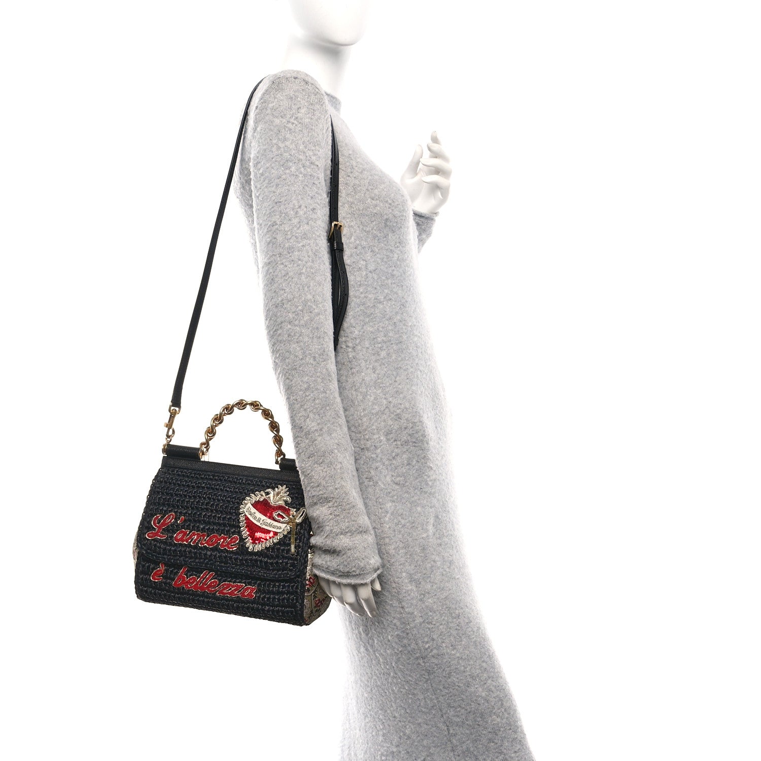 Dolce & Gabbana Woven Raffia Dauphine Sequin Embroidered Medium L'Amore Belleza Chain Miss Sicily Satchel Black Multicolor 2 of 10