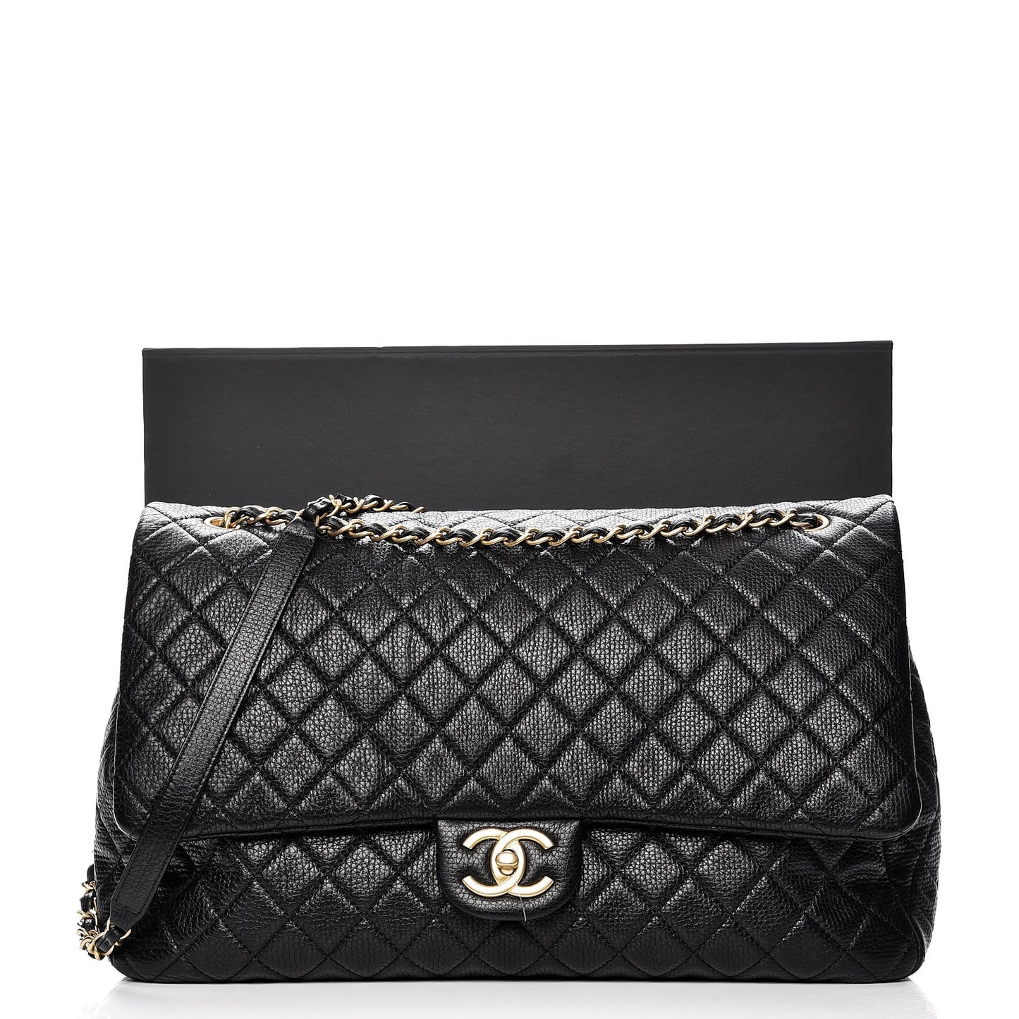 Calfskin Quilted XXL Travel Flap Bag Black