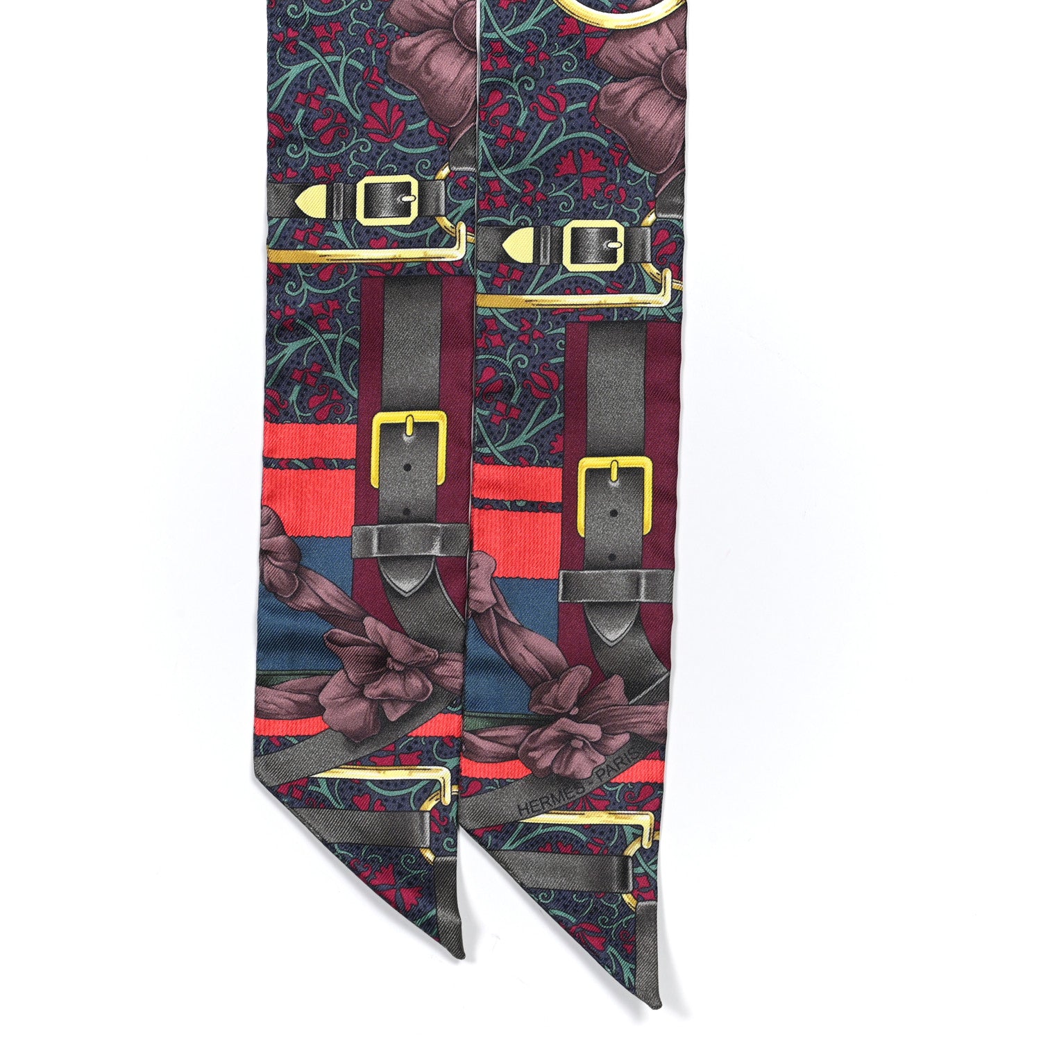 Hermes Silk Grand Manege Fleuri Twilly Vert Loden Corail Jaune Pale 2 of 5