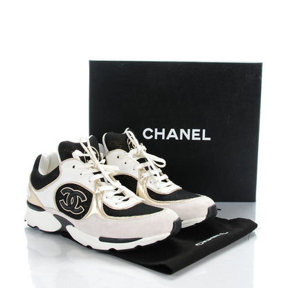 Chanel Suede Calfskin CC Sneakers 39 Black White Gold 9 of 9