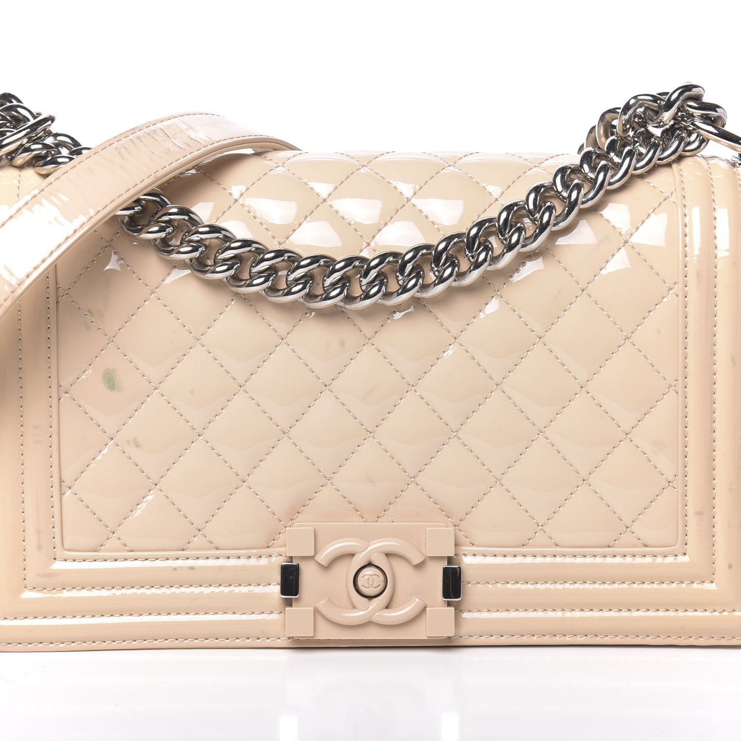 Patent Calfskin Quilted Medium Plexiglass Boy Flap Beige