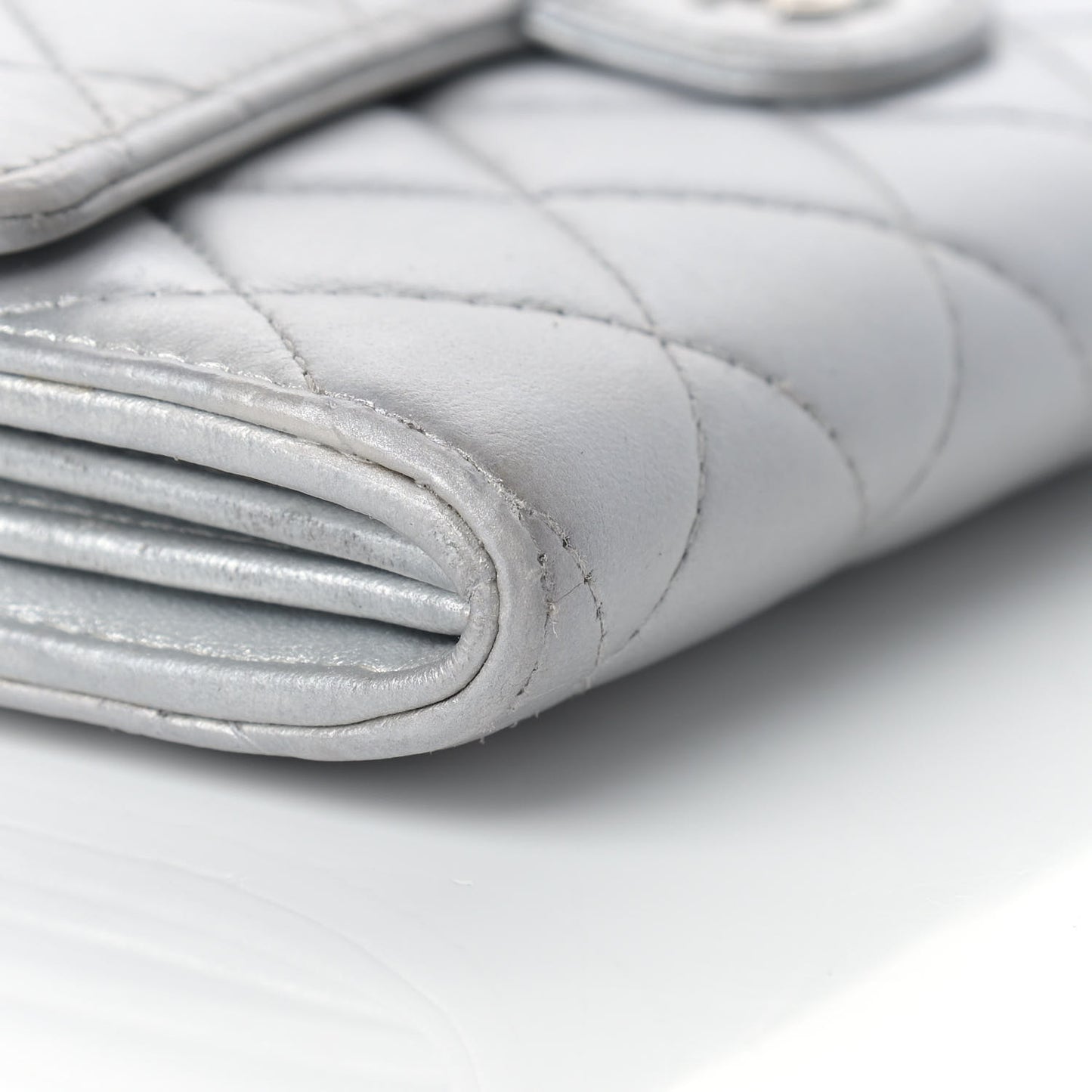 Metallic Lambskin Quilted Long Flap Wallet Silver
