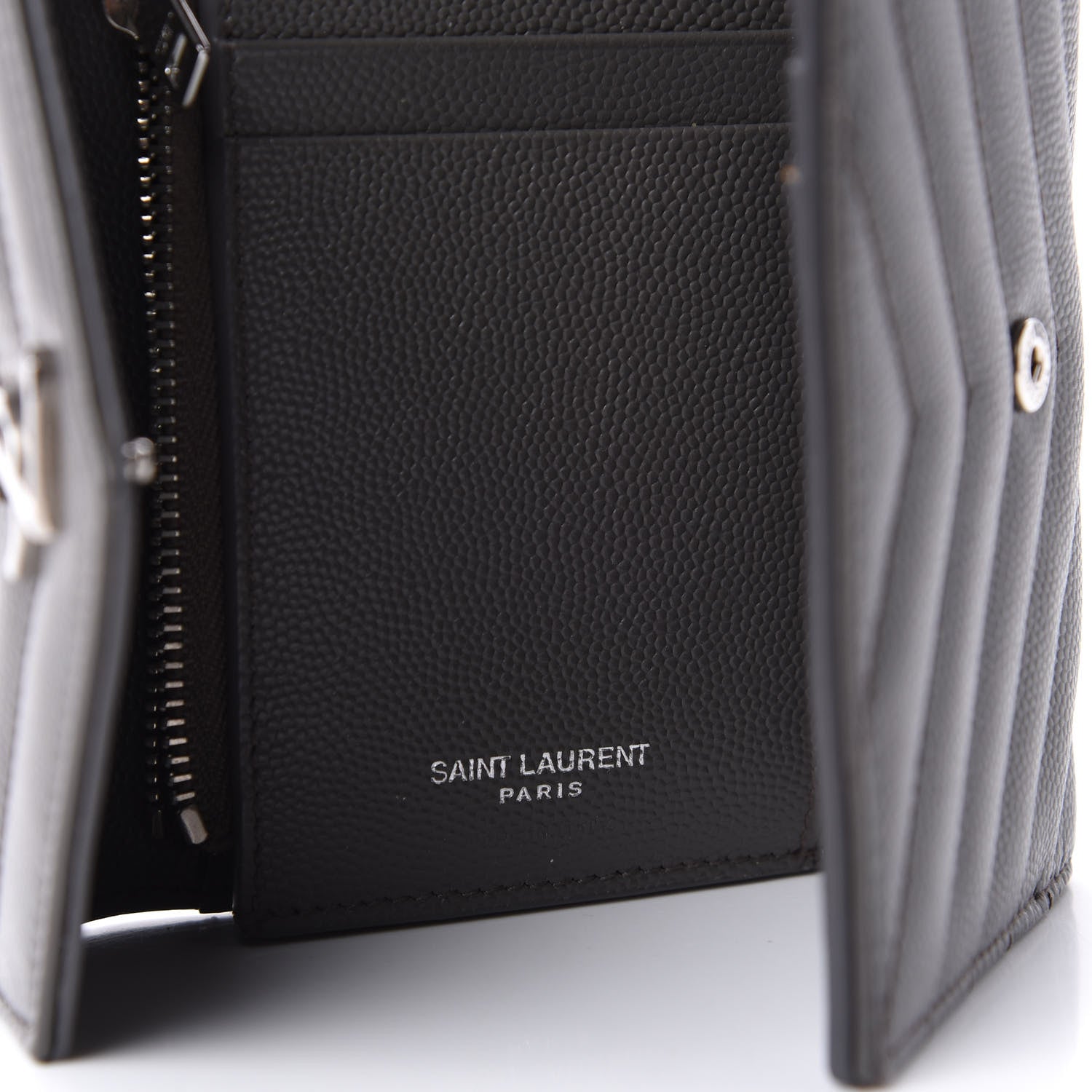 Saint Laurent Grain De Poudre Matelasse Chevron Monogram Compact Tri Fold Wallet Earth 7 of 12