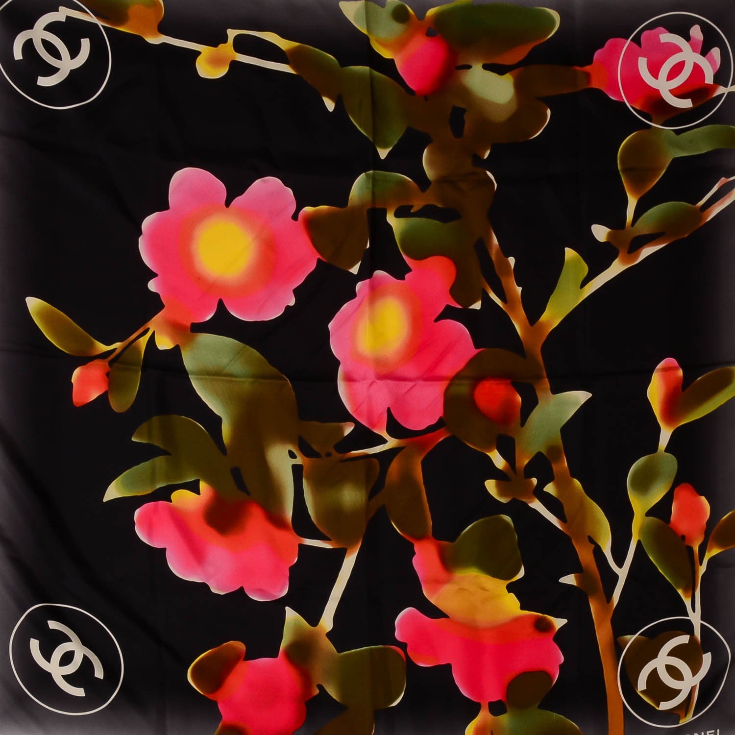 Chanel Silk Camellia Watercolor Flower Scarf Black 1 of 5