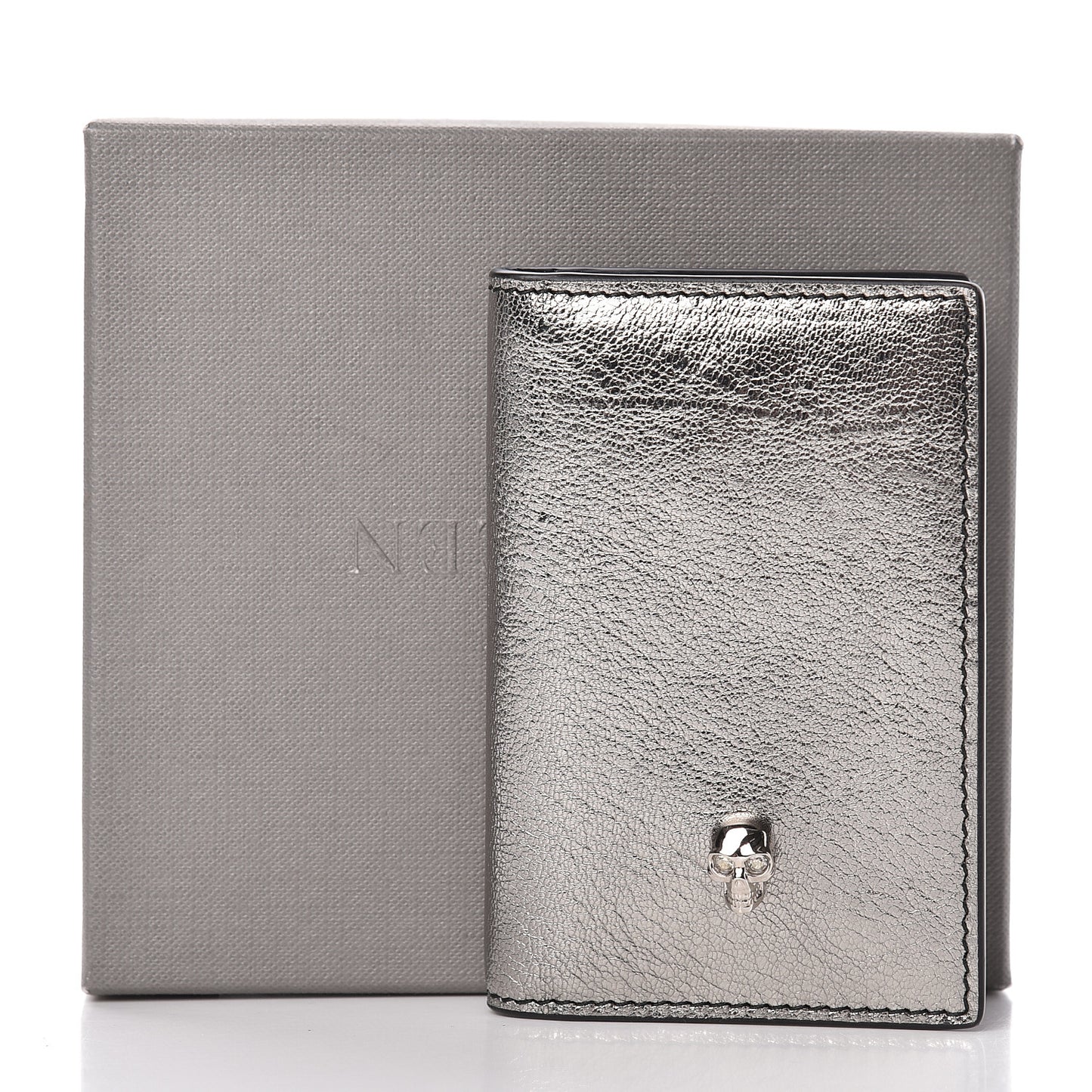 Metallic Calfskin Skull Bi Fold Card Holder Silver