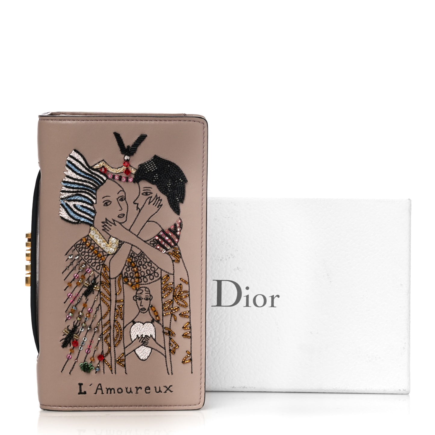 Lambskin Embroidered L'amoureux Tarot Pouch Clutch Vieux Rose