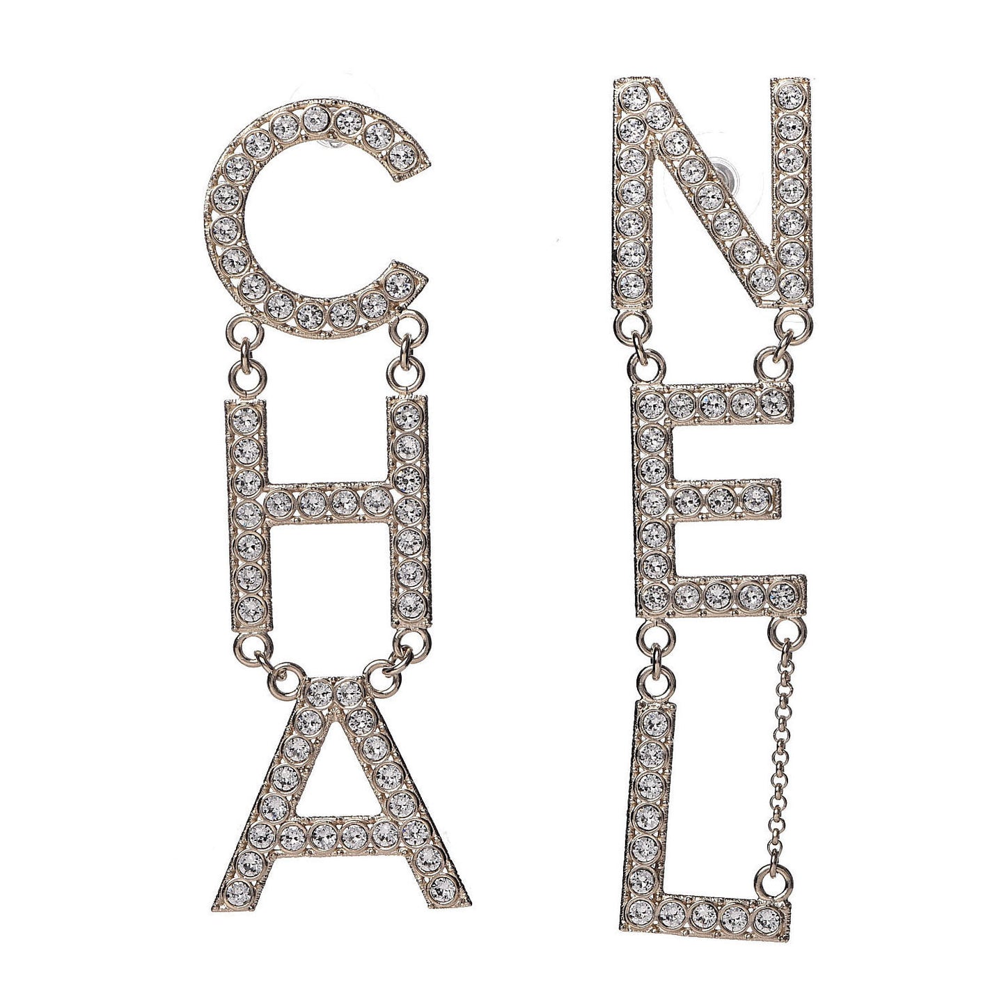 Crystal Cha-Nel Logo Drop Earrings Gold