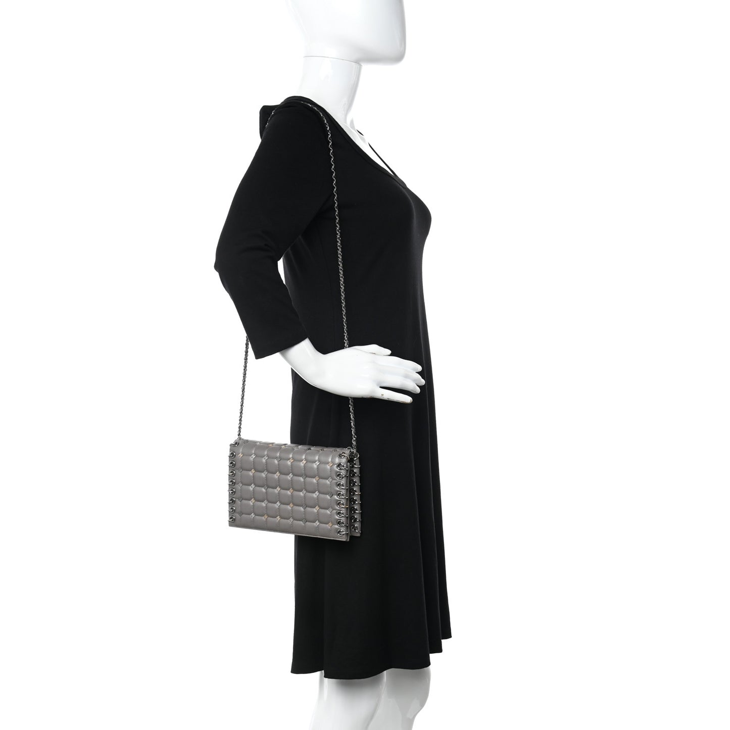 Lambskin Chocolate Bar Piercing CC Studded Small Chain Flap Bag Grey