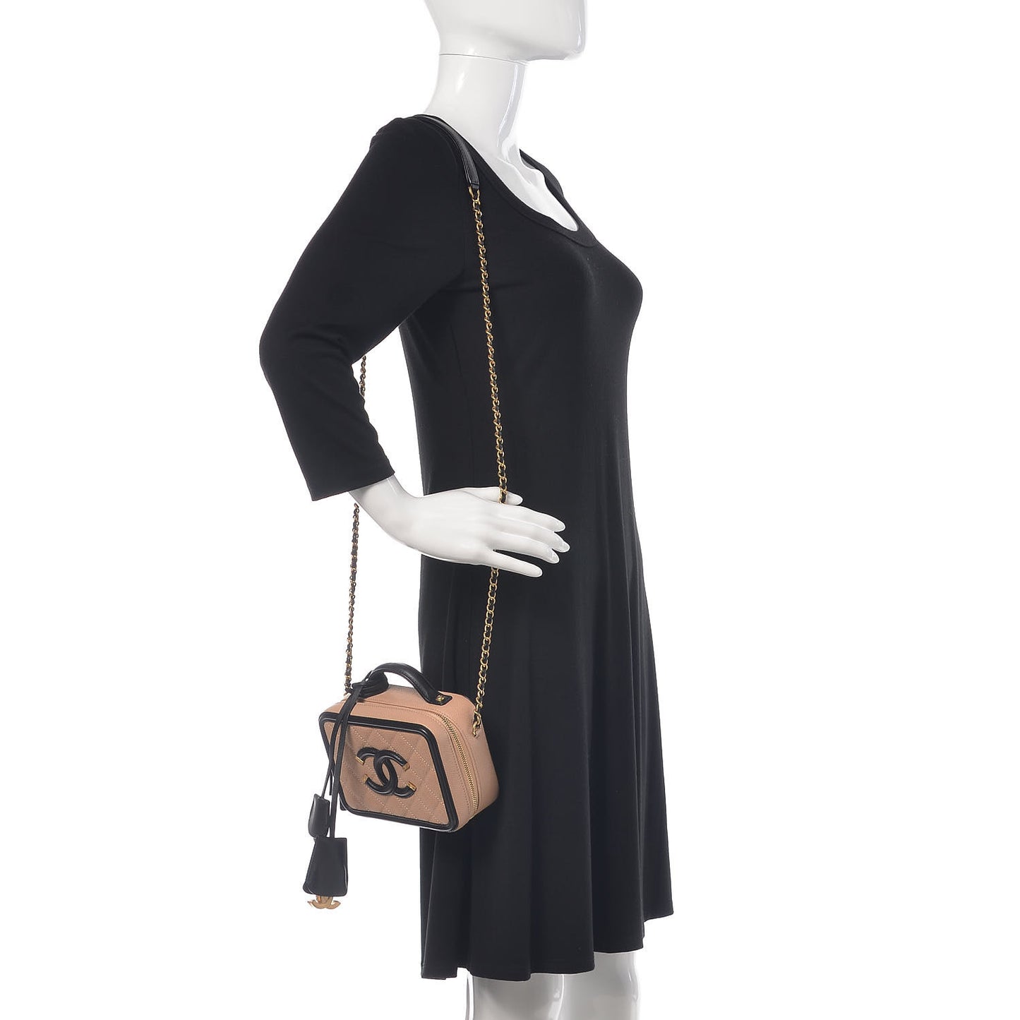 Caviar Quilted Small CC Filigree Vanity Case Beige Black