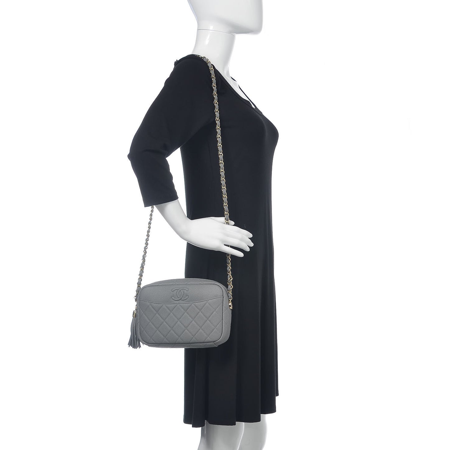 Iridescent Caviar Flat Quilted Small Coco Tassel Camera Case Grey