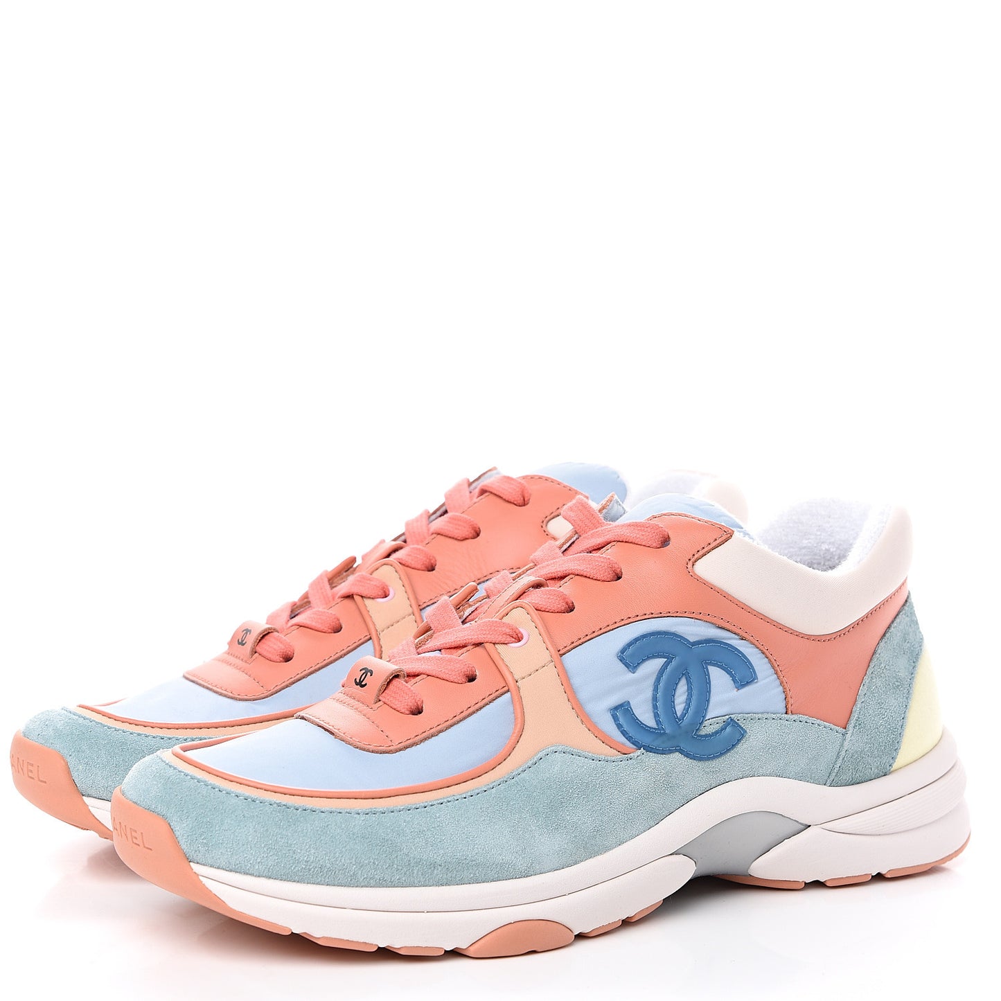 Nylon Lambskin Suede Calfskin CC Sneakers 40.5 Coral Light Blue White